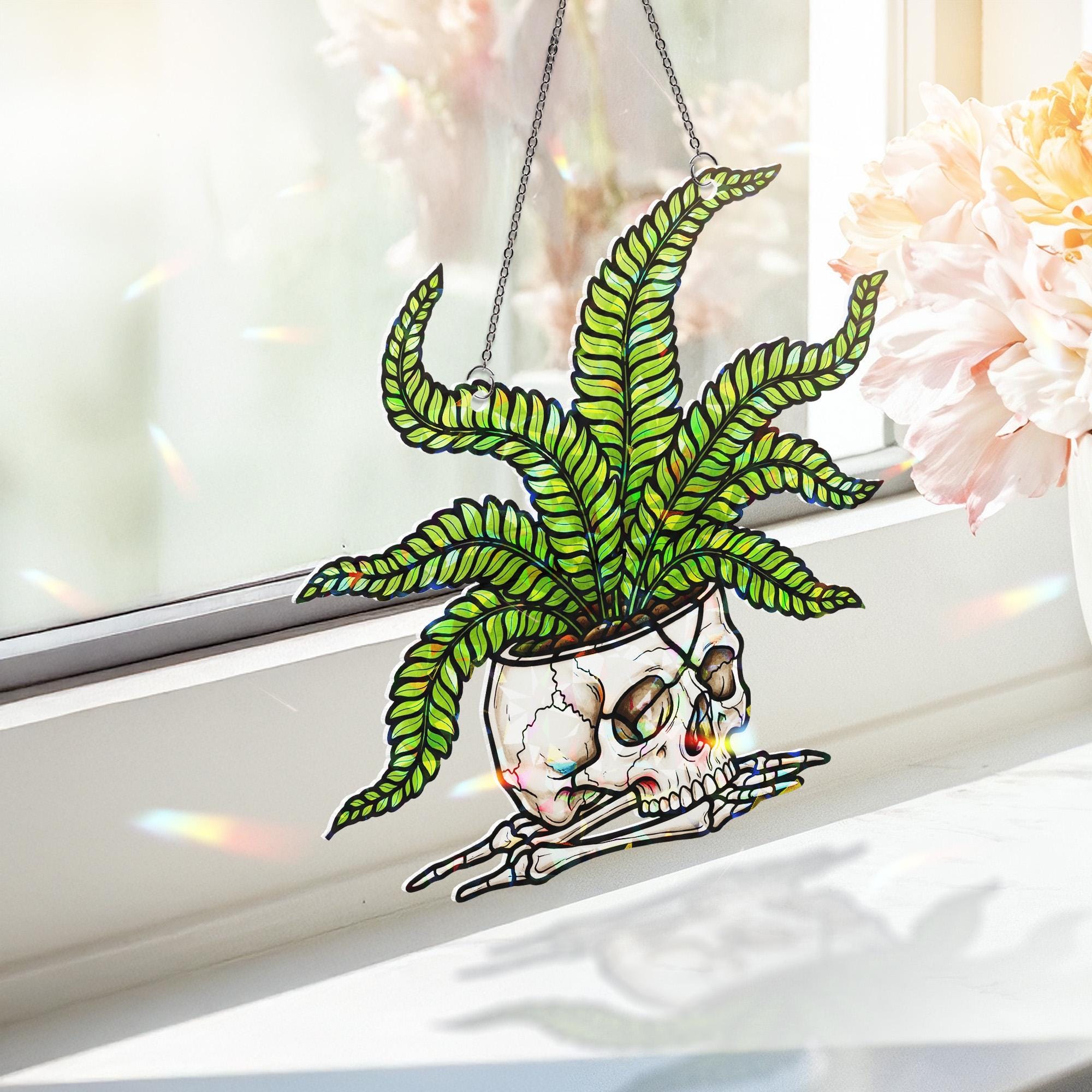 Skull Planter Suncatcher – Stained Glass Halloween Window Decor – Gothic Plant Lover Gift – Spooky Fern Window Hanging