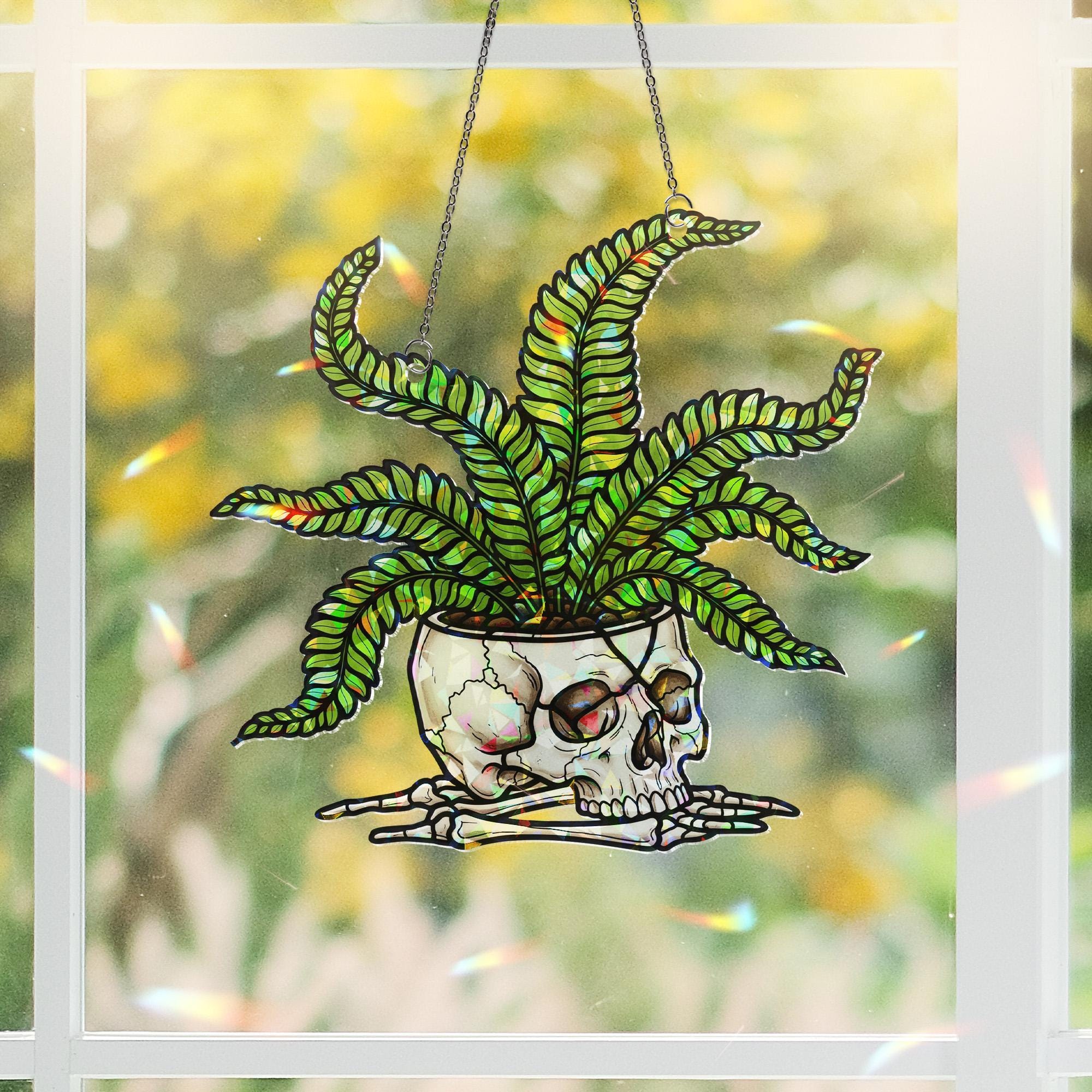 Skull Planter Suncatcher – Stained Glass Halloween Window Decor – Gothic Plant Lover Gift – Spooky Fern Window Hanging