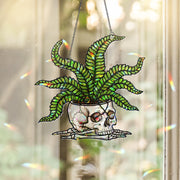 Skull Planter Suncatcher – Stained Glass Halloween Window Decor – Gothic Plant Lover Gift – Spooky Fern Window Hanging
