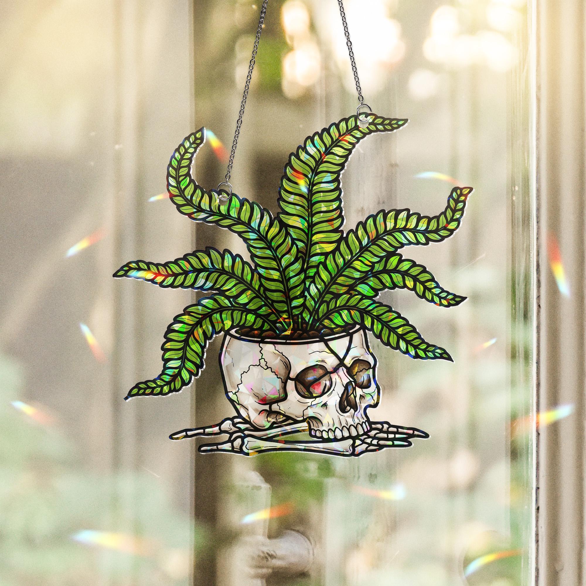Skull Planter Suncatcher – Stained Glass Halloween Window Decor – Gothic Plant Lover Gift – Spooky Fern Window Hanging