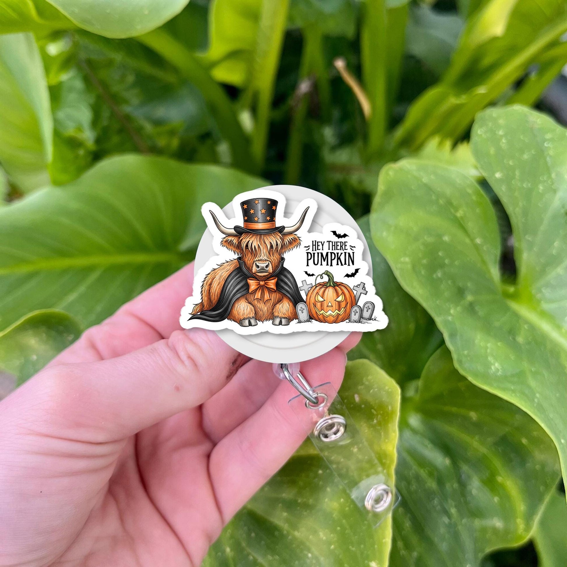 Highland Cow Halloween Badge Reel - Hey There Pumpkin Retractable ID Holder - Spooky Animal Nurse Teacher Student Gift - Fall Farm Decor