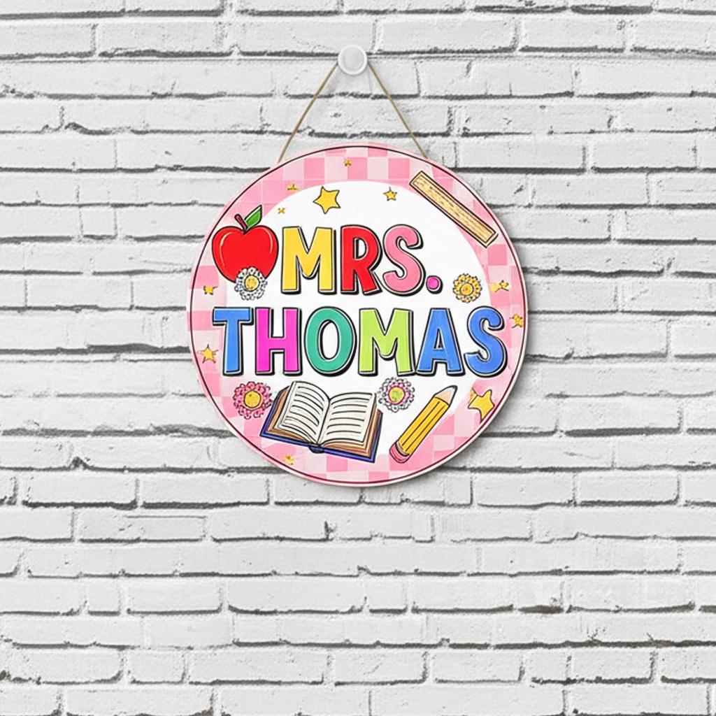 Teacher Door Sign, Personalized Classroom Decor, Back to School Gift, Rainbow Teacher Name Sign, Round Wooden School Sign