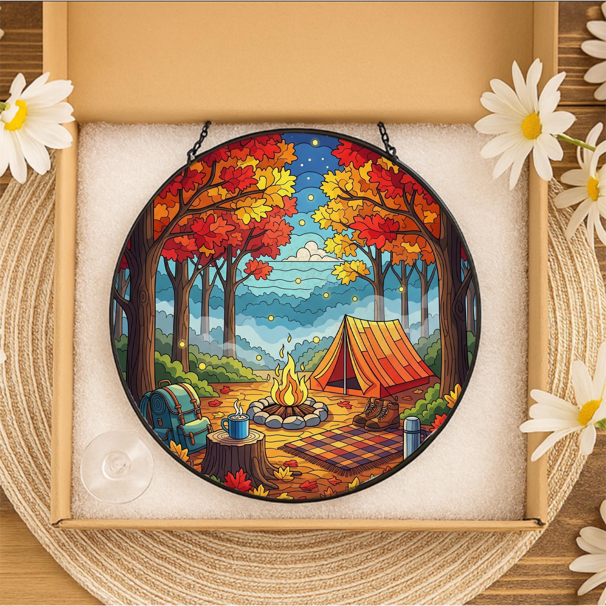 Autumn Camping Stained Glass Suncatcher - Fall Tent Campfire Cabin Decor