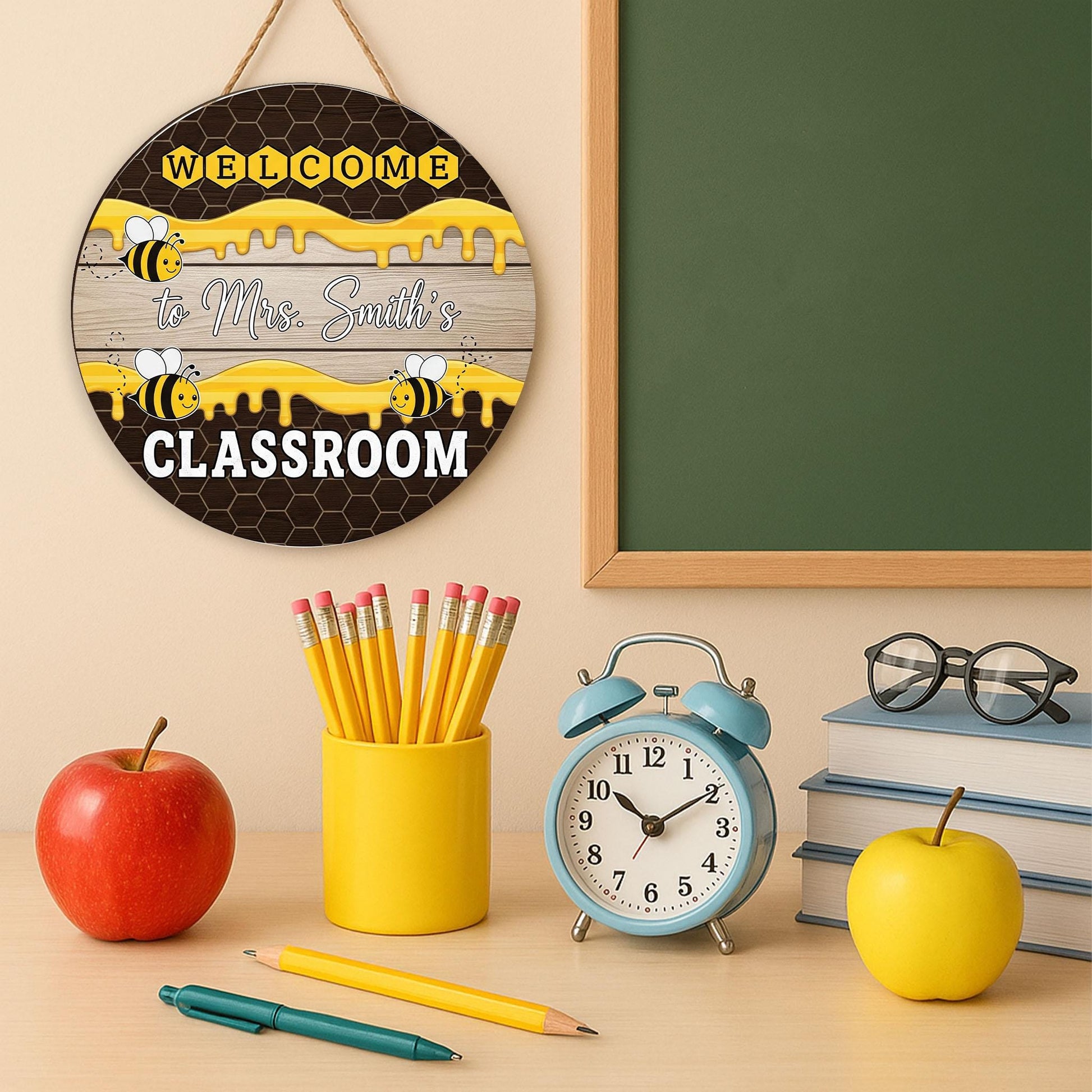Personalized Bee Welcome Sign, Bee Classroom Decor, Teacher Door Hanger, Custom Name Sign, Back to School Gift, Wooden Bee Sign