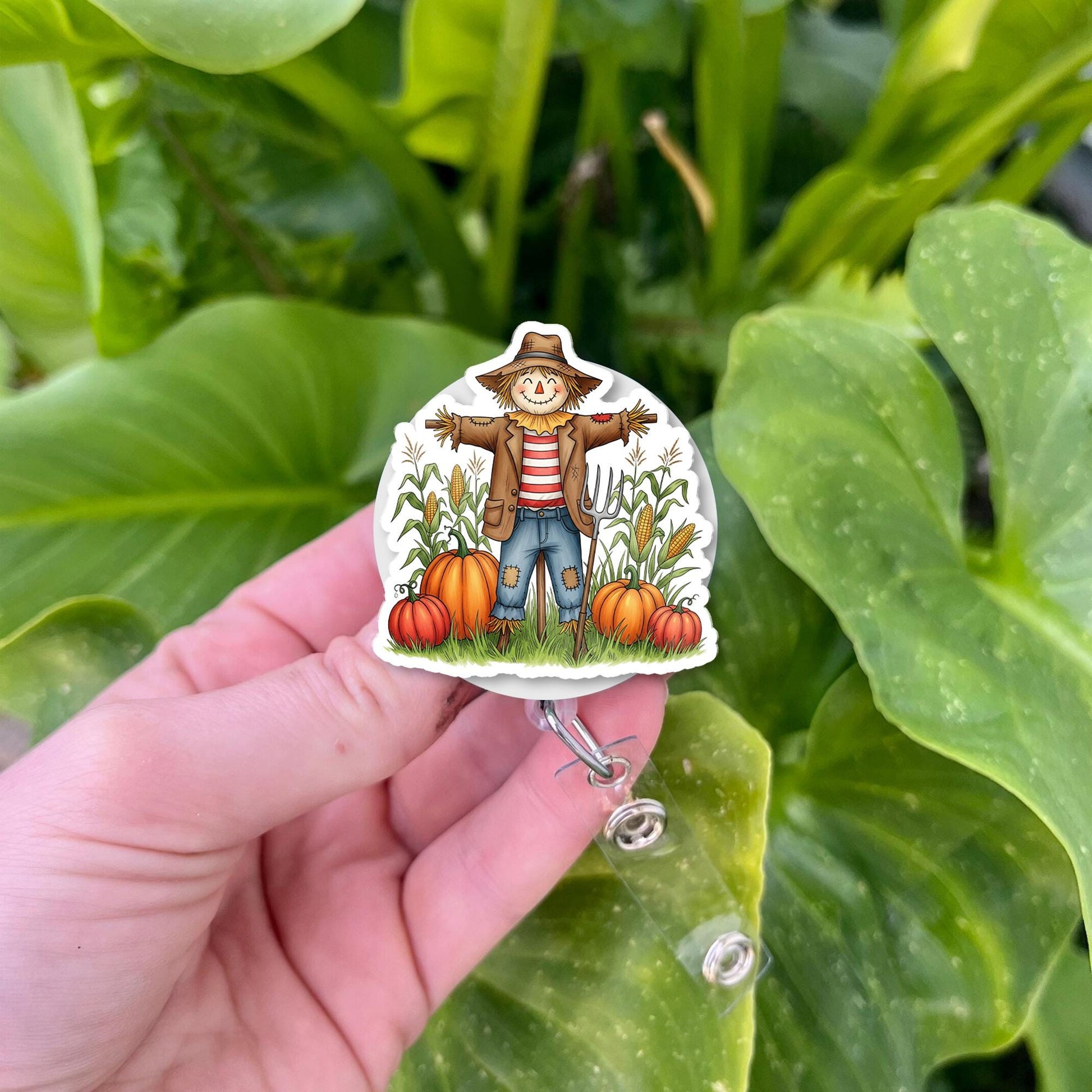 Adorable Scarecrow & Pumpkin Badge Reel - Fall Harvest Retractable ID Holder - Nurse Teacher Student Gift - Autumn Farm Decor