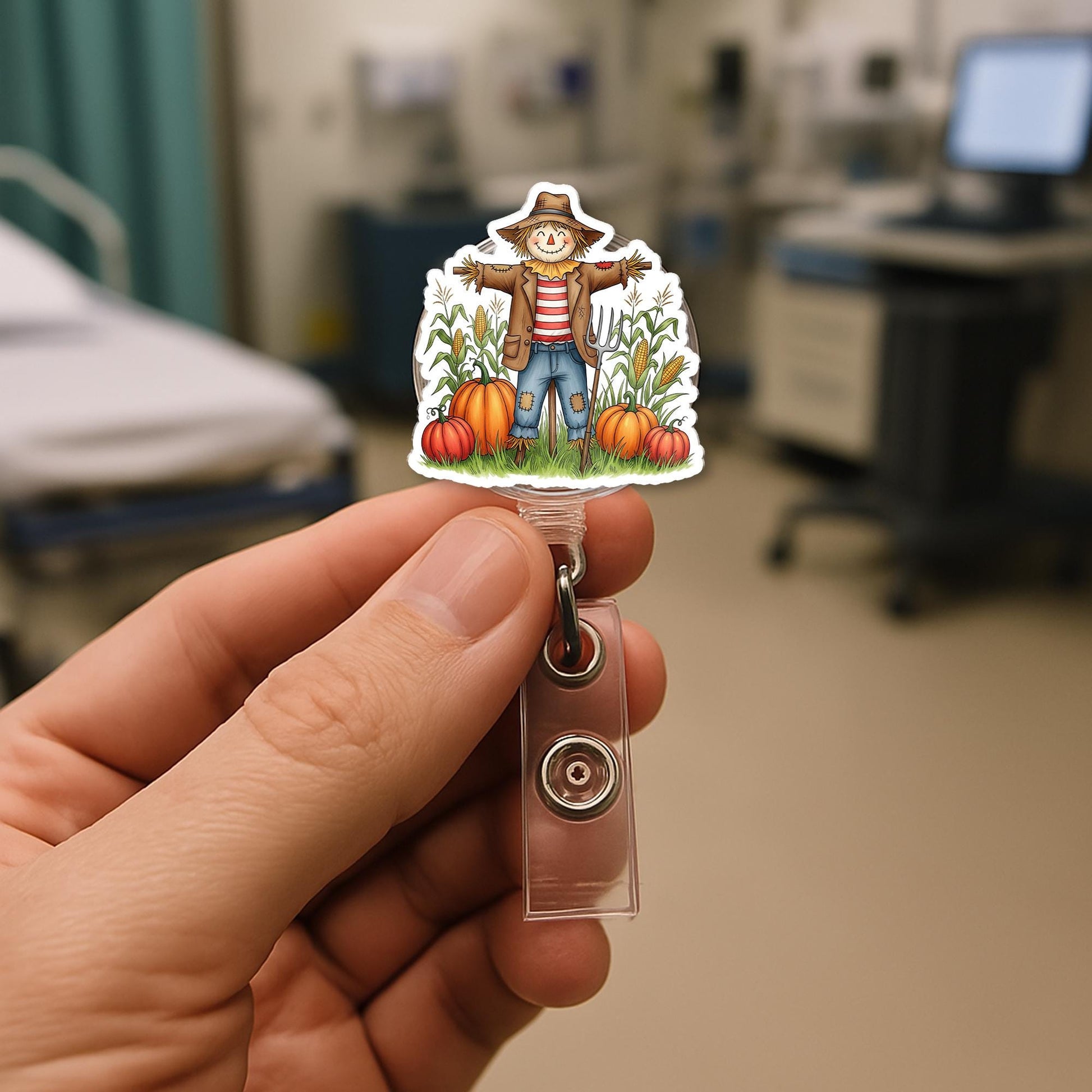 Adorable Scarecrow & Pumpkin Badge Reel - Fall Harvest Retractable ID Holder - Nurse Teacher Student Gift - Autumn Farm Decor