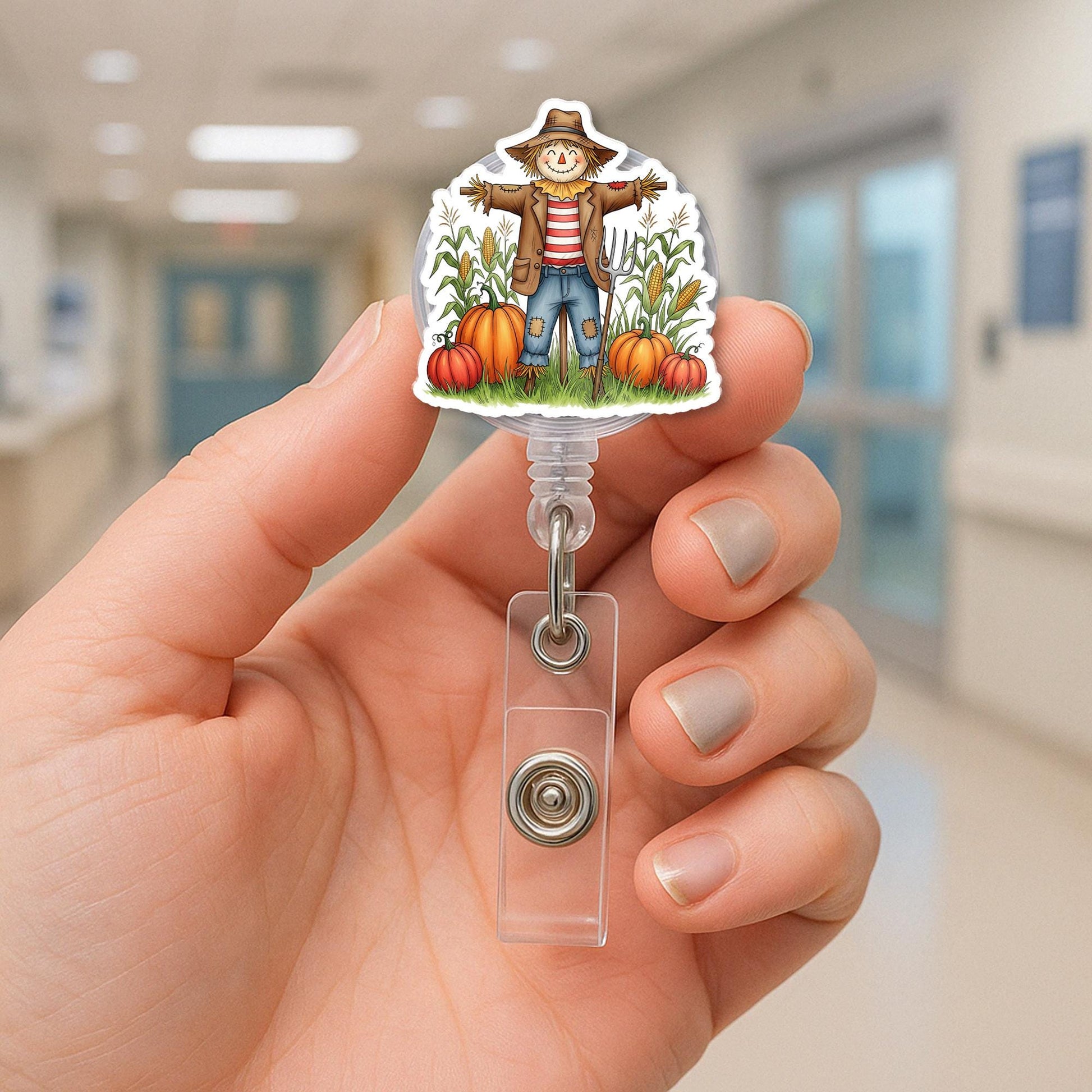 Adorable Scarecrow & Pumpkin Badge Reel - Fall Harvest Retractable ID Holder - Nurse Teacher Student Gift - Autumn Farm Decor