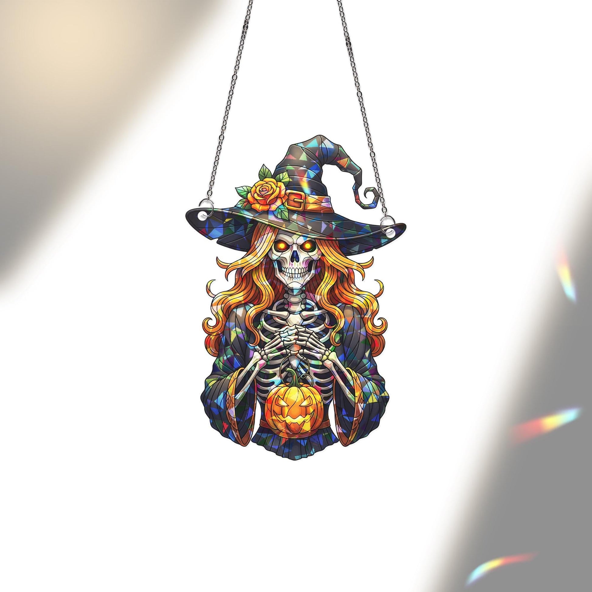Stained Glass Witch Suncatcher – Halloween Skeleton Decor – Gothic Window Hanging – Spooky Fall Witch Ornament – Pumpkin Witch Art