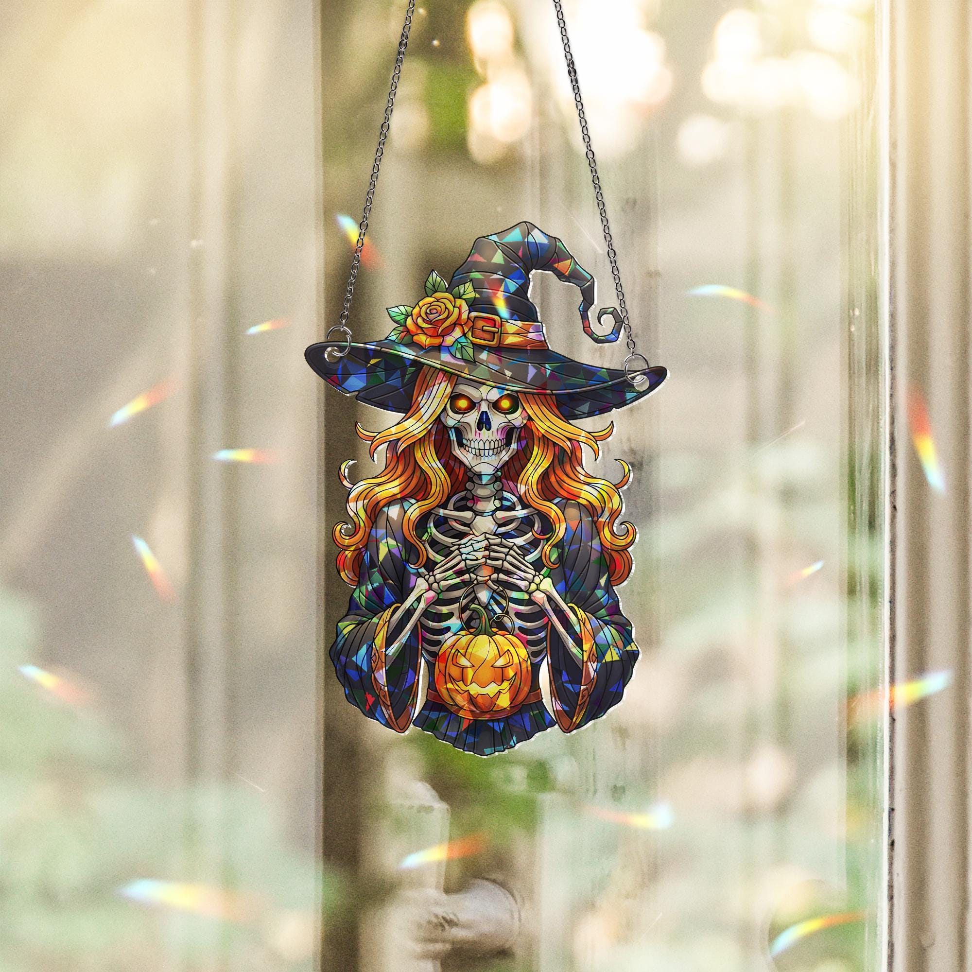Stained Glass Witch Suncatcher – Halloween Skeleton Decor – Gothic Window Hanging – Spooky Fall Witch Ornament – Pumpkin Witch Art