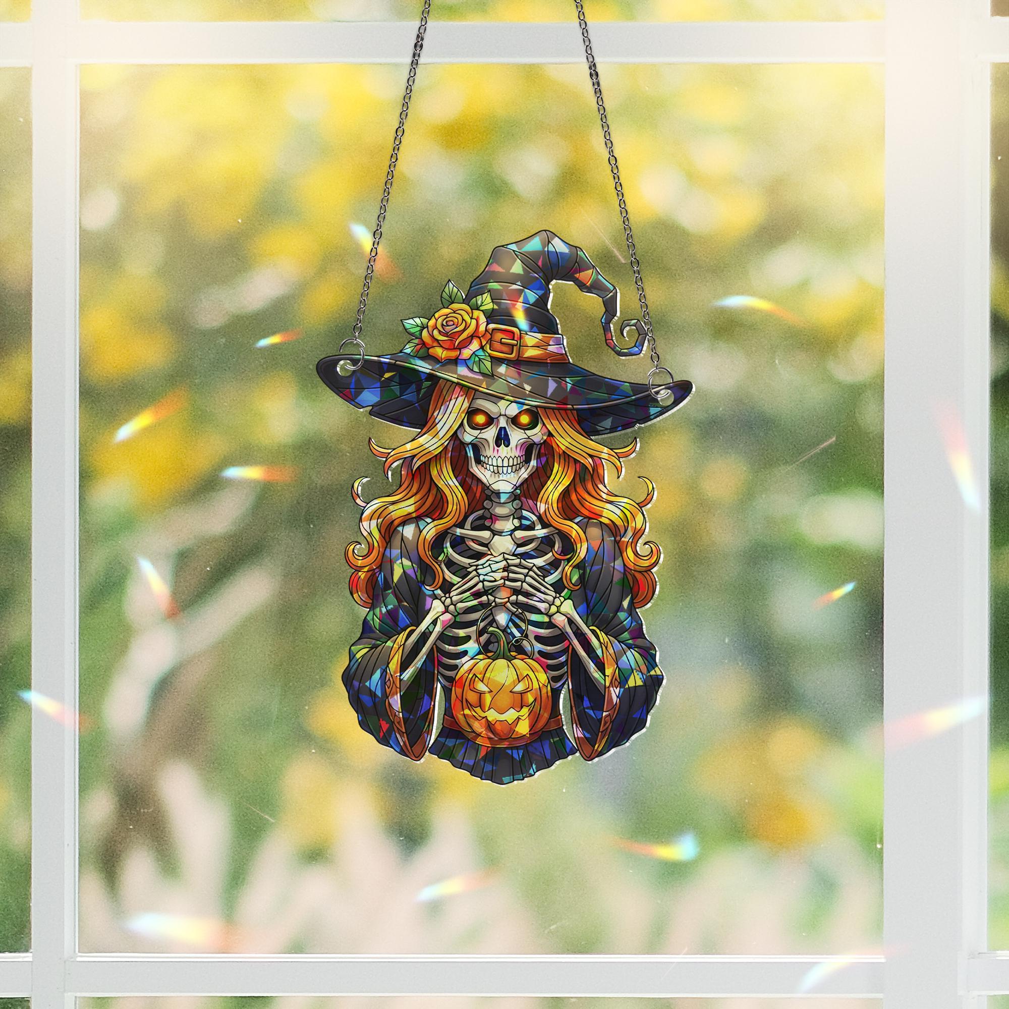 Stained Glass Witch Suncatcher – Halloween Skeleton Decor – Gothic Window Hanging – Spooky Fall Witch Ornament – Pumpkin Witch Art