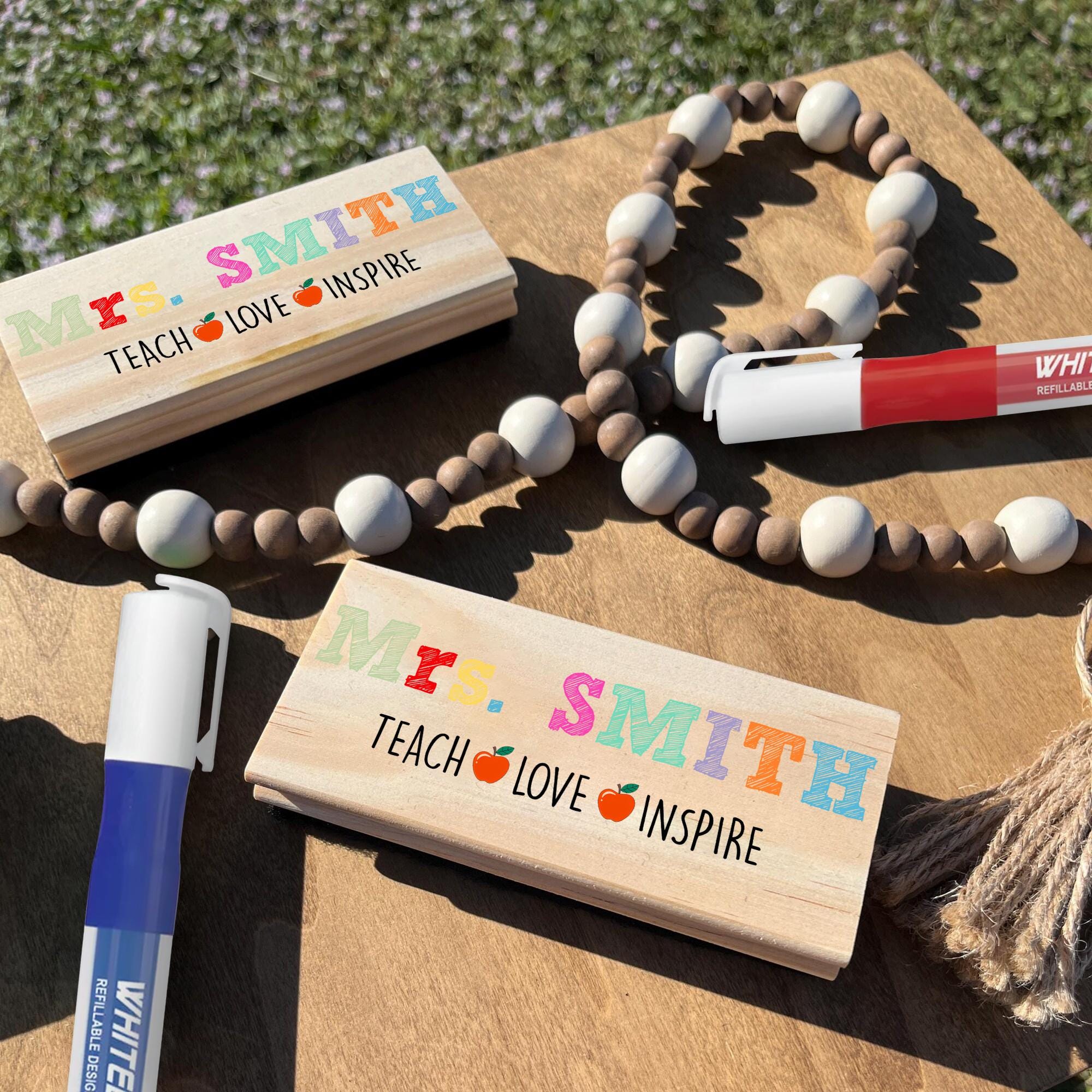 Personalized Teacher Whiteboard Eraser – Colorful Teach Love Inspire Design with Custom Name, Back to School Gift for Educators, Teachers