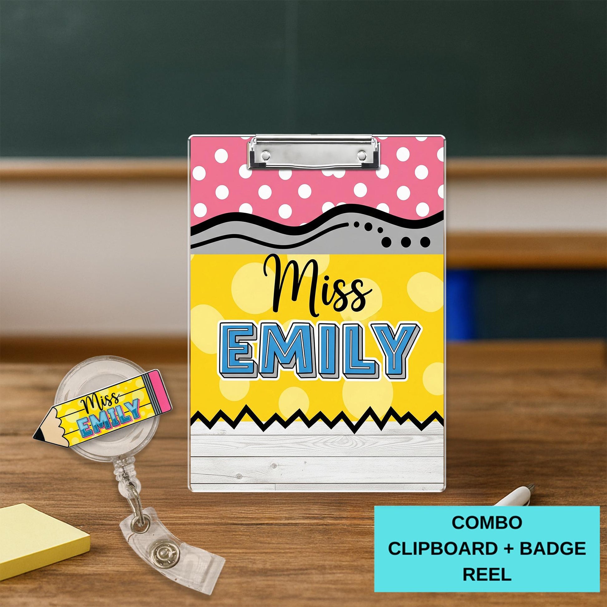 COMBO Teacher Clipboard and Badge Reel Set, Personalized Clipboard, Groovy Pencil Badge Reel, Custom Teacher Gift, Back to School Gift