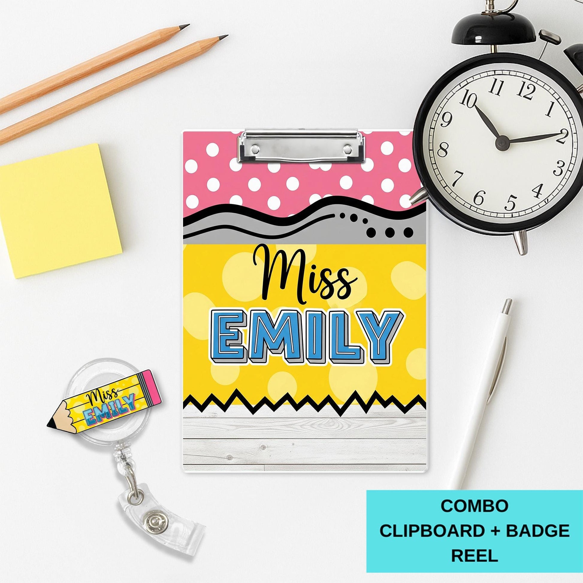 COMBO Teacher Clipboard and Badge Reel Set, Personalized Clipboard, Groovy Pencil Badge Reel, Custom Teacher Gift, Back to School Gift