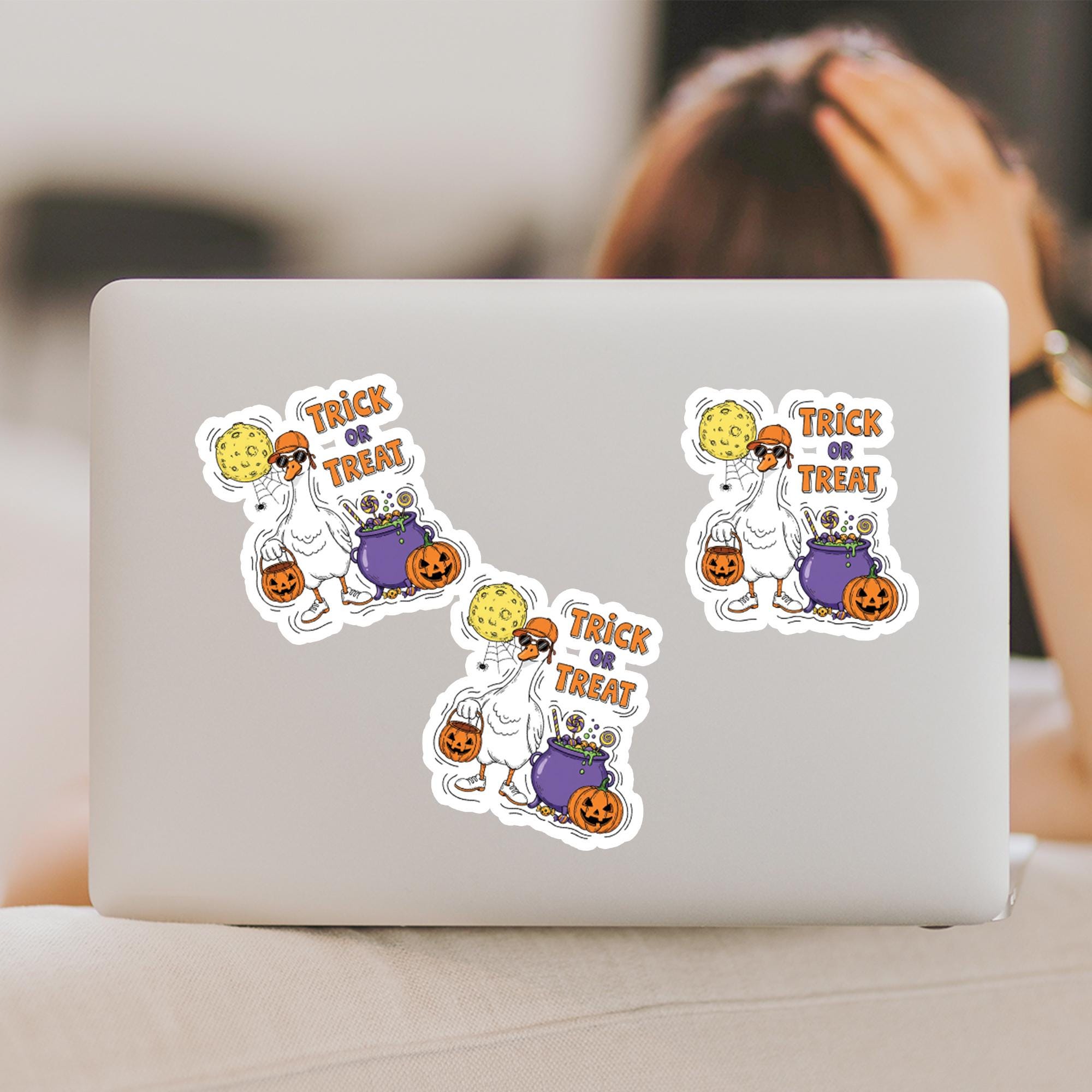 Trick or Treat Goose Halloween Sticker - Funny Duck Spooky Decal - Pumpkin Moon Cauldron Laptop Water Bottle Vinyl Decal
