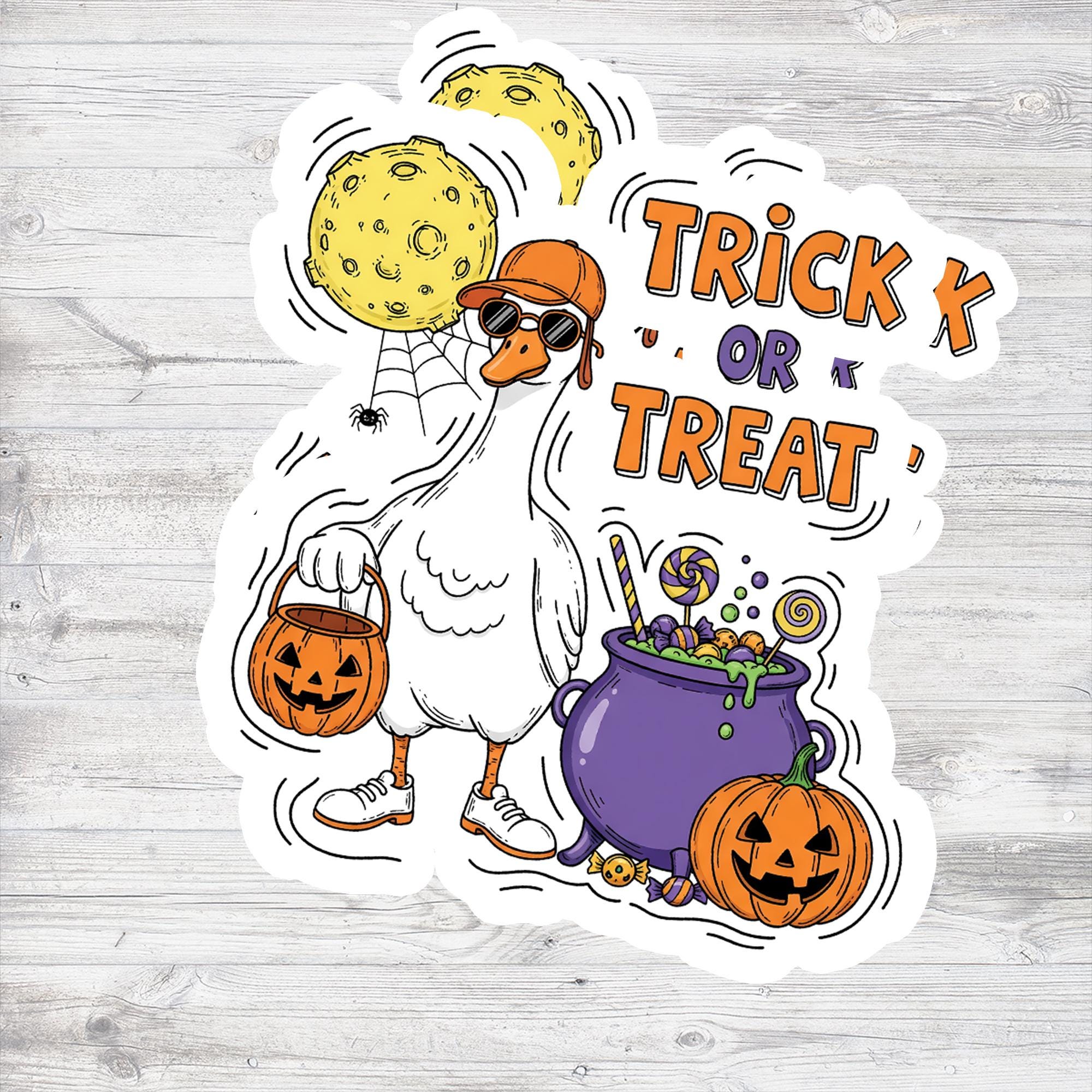 Trick or Treat Goose Halloween Sticker - Funny Duck Spooky Decal - Pumpkin Moon Cauldron Laptop Water Bottle Vinyl Decal