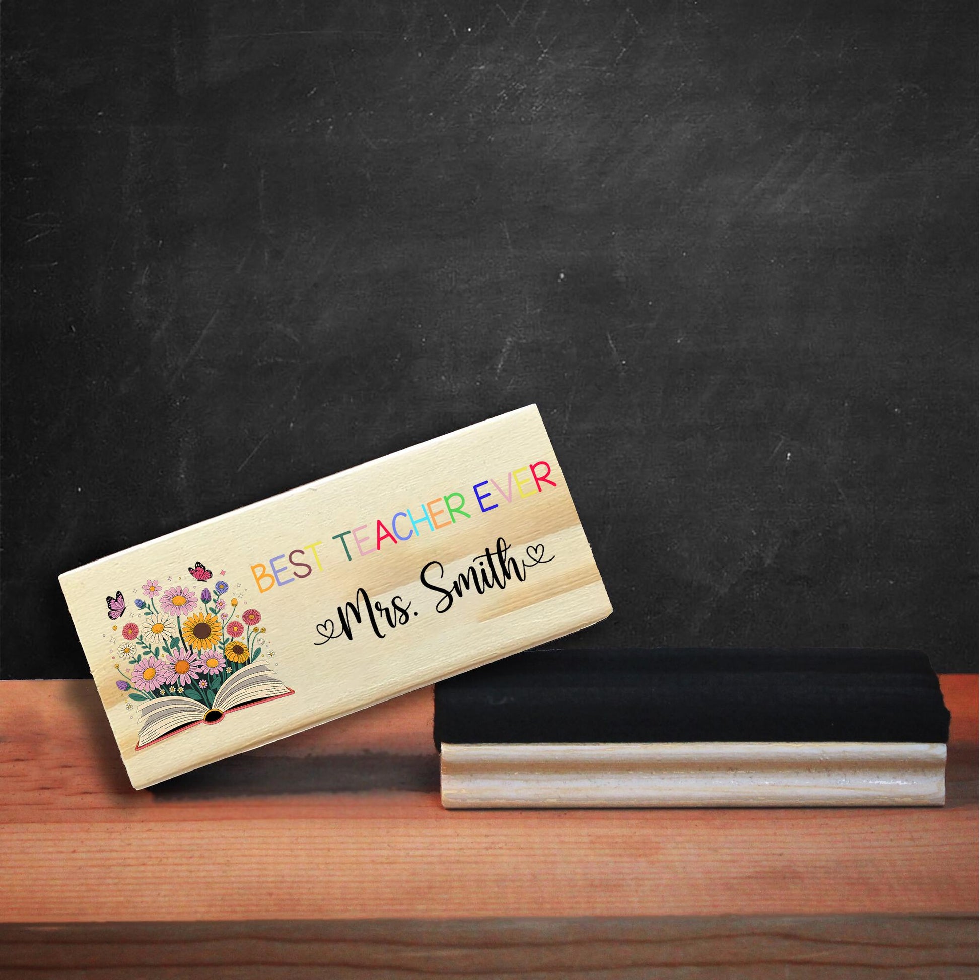 Best Teacher Ever Personalized Chalkboard Eraser – Custom Floral Book Design with Name, Teacher Gift for Classroom or Back to School