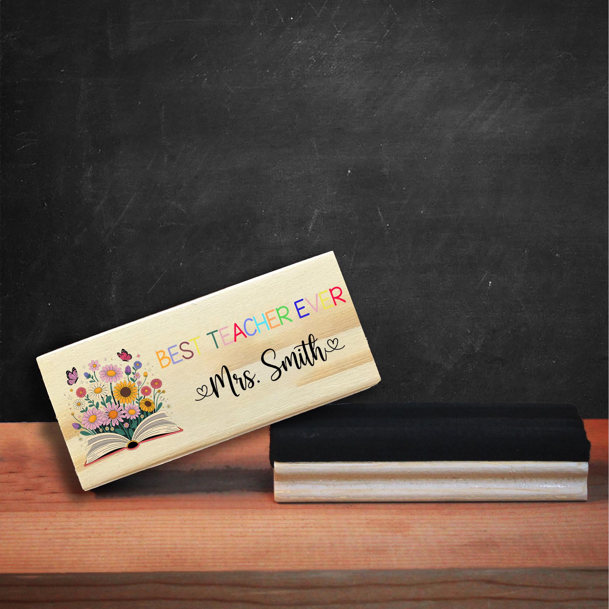 Best Teacher Ever Personalized Chalkboard Eraser – Custom Floral Book Design with Name, Teacher Gift for Classroom or Back to School