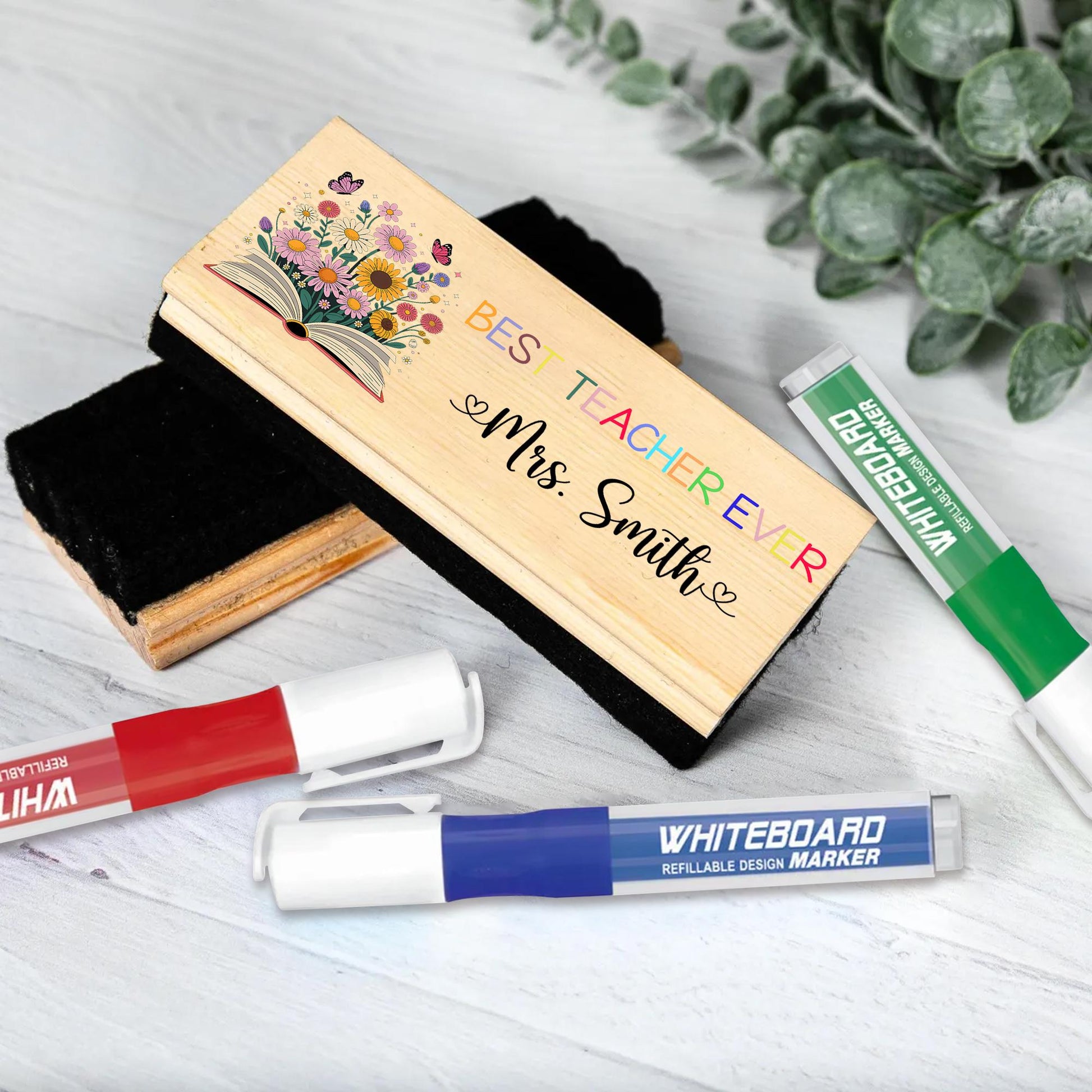 Best Teacher Ever Personalized Chalkboard Eraser – Custom Floral Book Design with Name, Teacher Gift for Classroom or Back to School