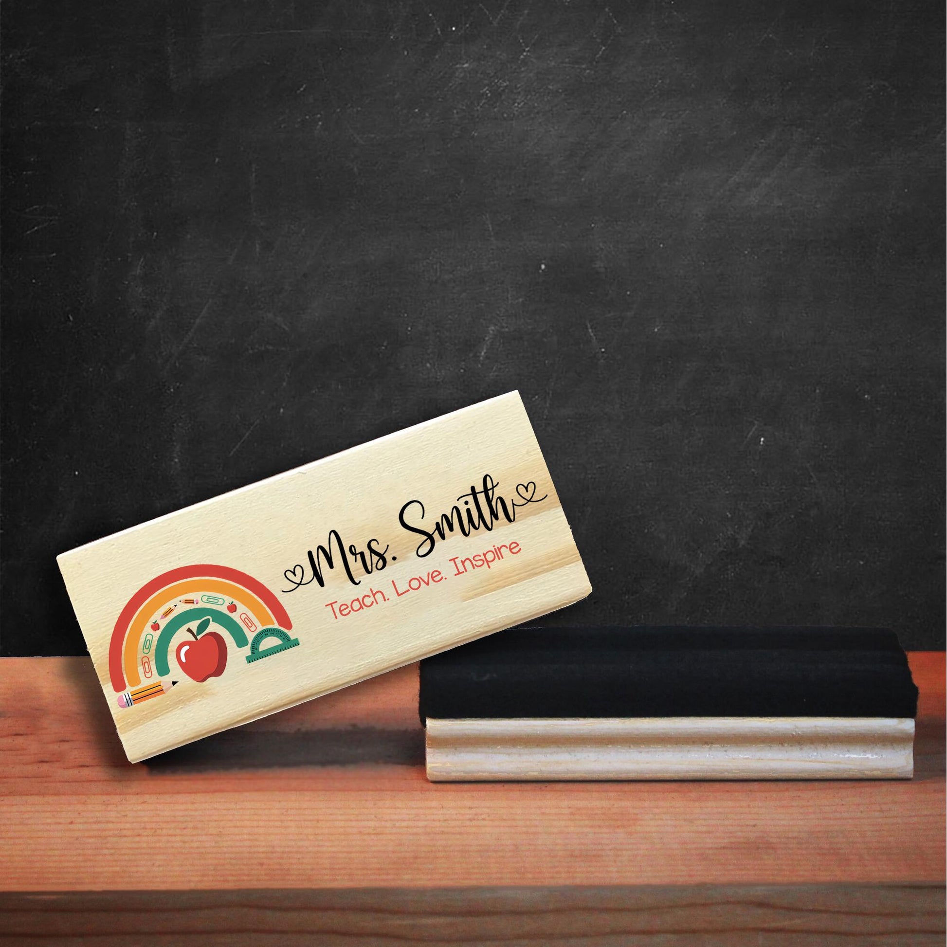 Personalized Teacher Chalkboard Eraser – Rainbow Design with Name, Teach Love Inspire Quote, Back to School Gift for Educators, Teachers