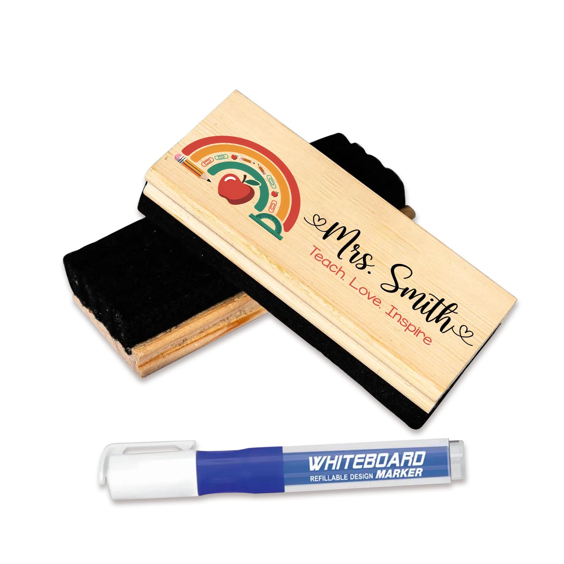 Personalized Teacher Chalkboard Eraser – Rainbow Design with Name, Teach Love Inspire Quote, Back to School Gift for Educators, Teachers