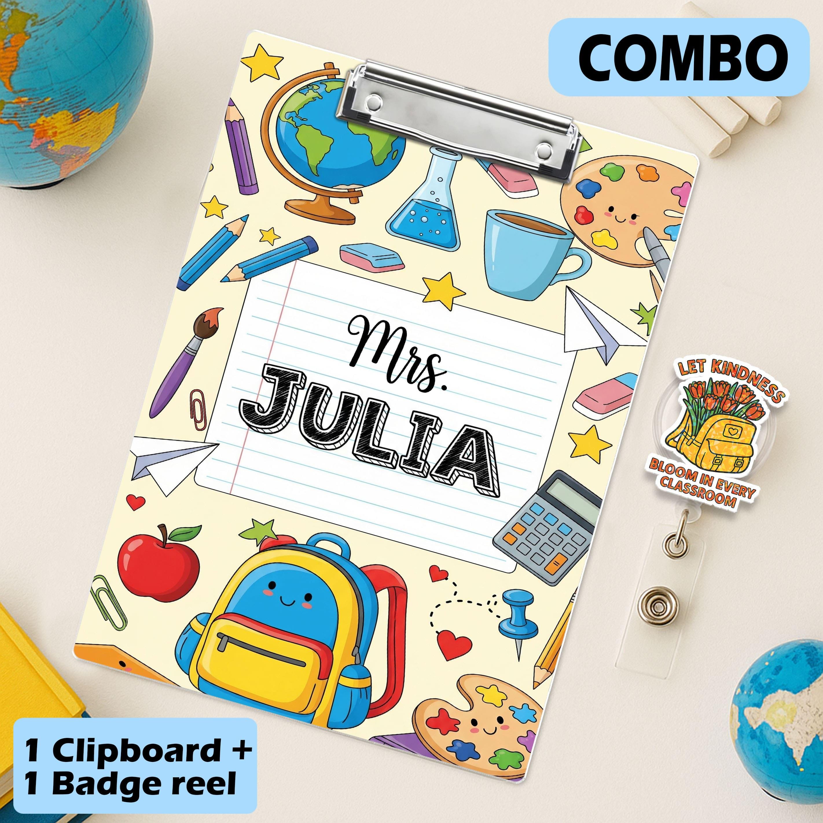 COMBO Teacher Clipboard and Badge Reel Set, Personalized Clipboard, Let Kindness Bloom, Custom Teacher Gift, Back to School Supplies
