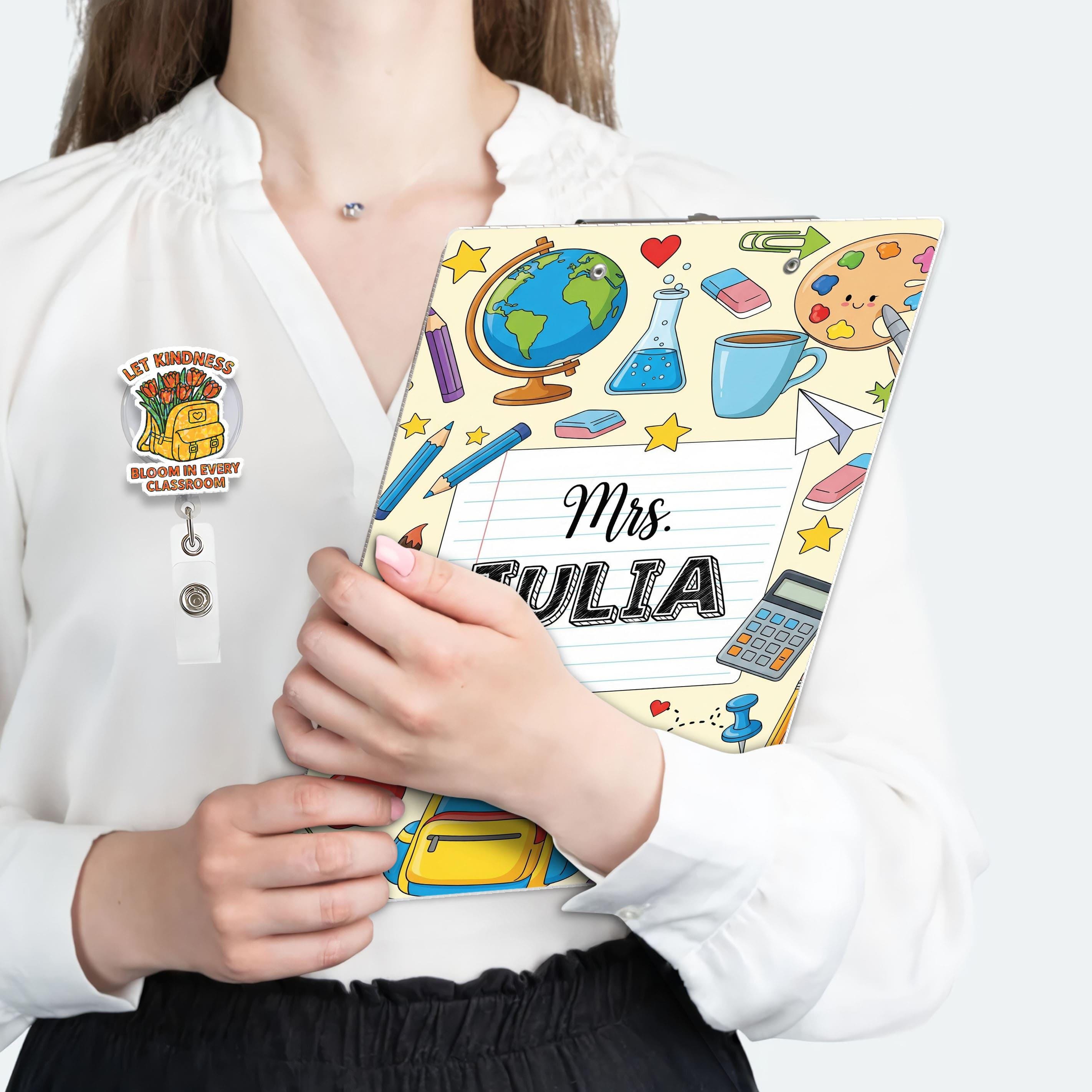 COMBO Teacher Clipboard and Badge Reel Set, Personalized Clipboard, Let Kindness Bloom, Custom Teacher Gift, Back to School Supplies