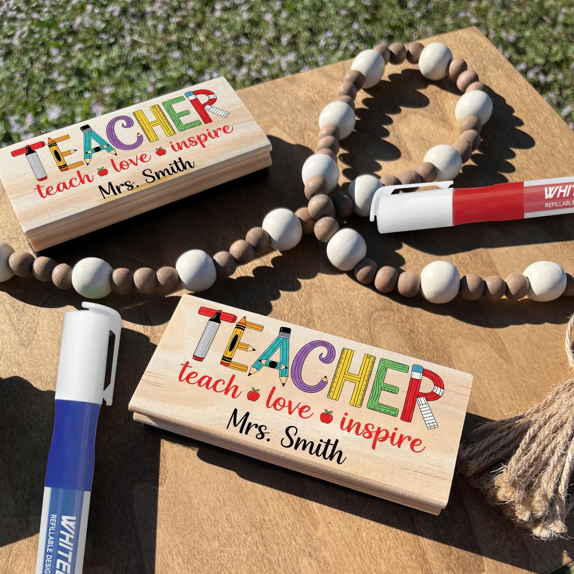 Personalized Teacher Chalkboard Eraser – Colorful TEACHER Design with Name, Teach Love Inspire Quote, Custom Classroom Gift, Educators Gift