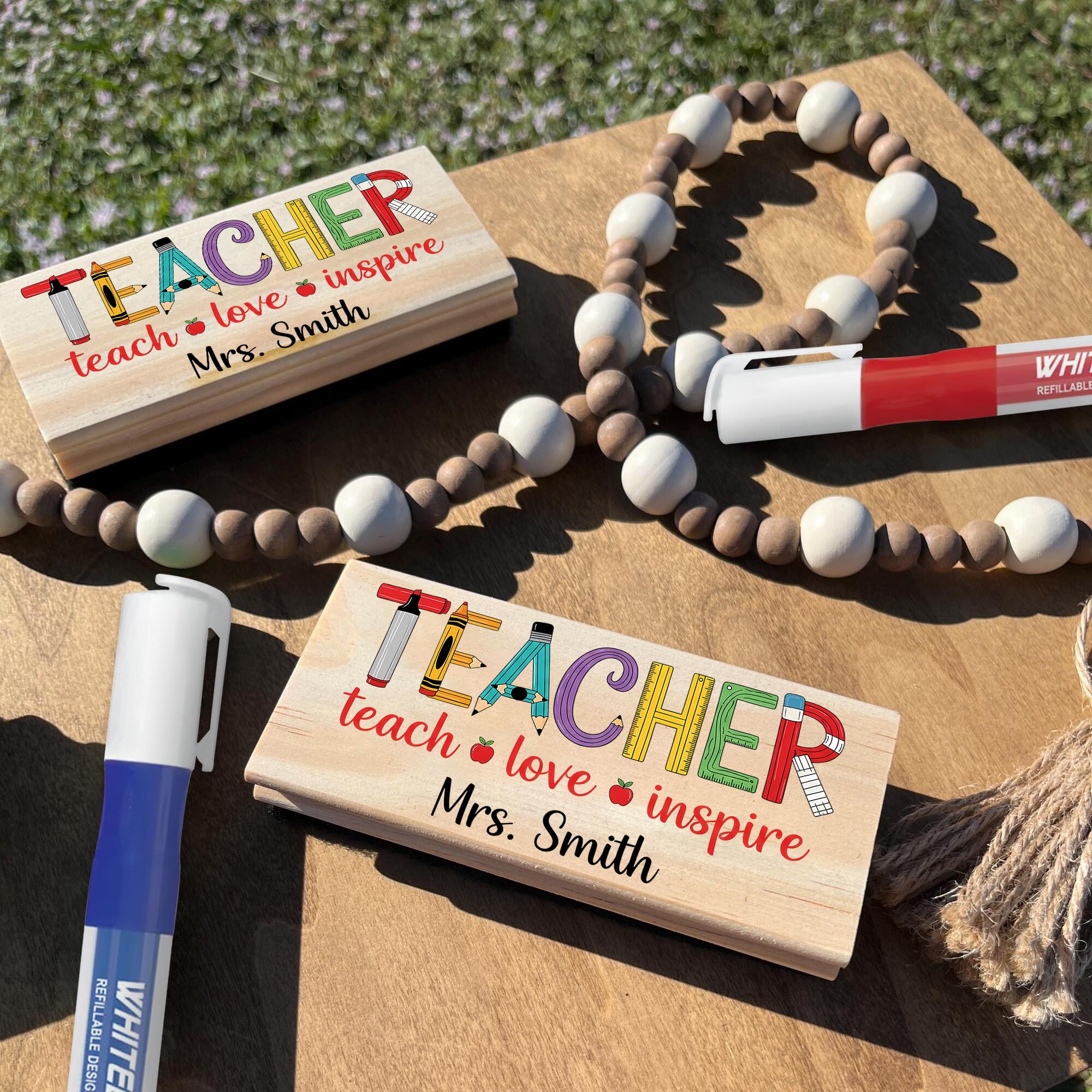 Personalized Teacher Chalkboard Eraser – Colorful TEACHER Design with Name, Teach Love Inspire Quote, Custom Classroom Gift, Educators Gift
