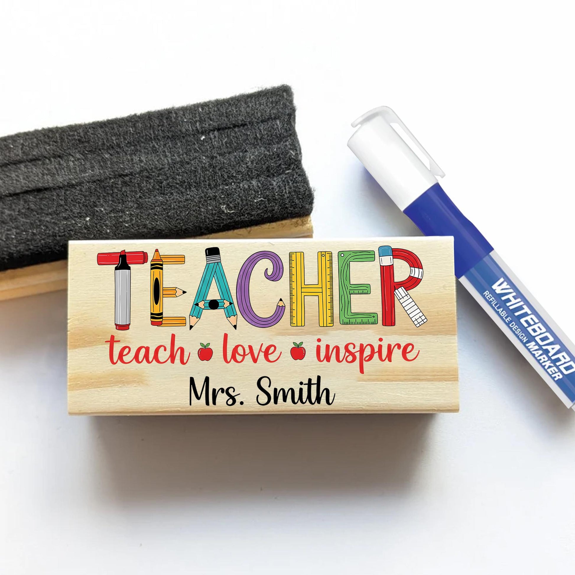 Personalized Teacher Chalkboard Eraser – Colorful TEACHER Design with Name, Teach Love Inspire Quote, Custom Classroom Gift, Educators Gift