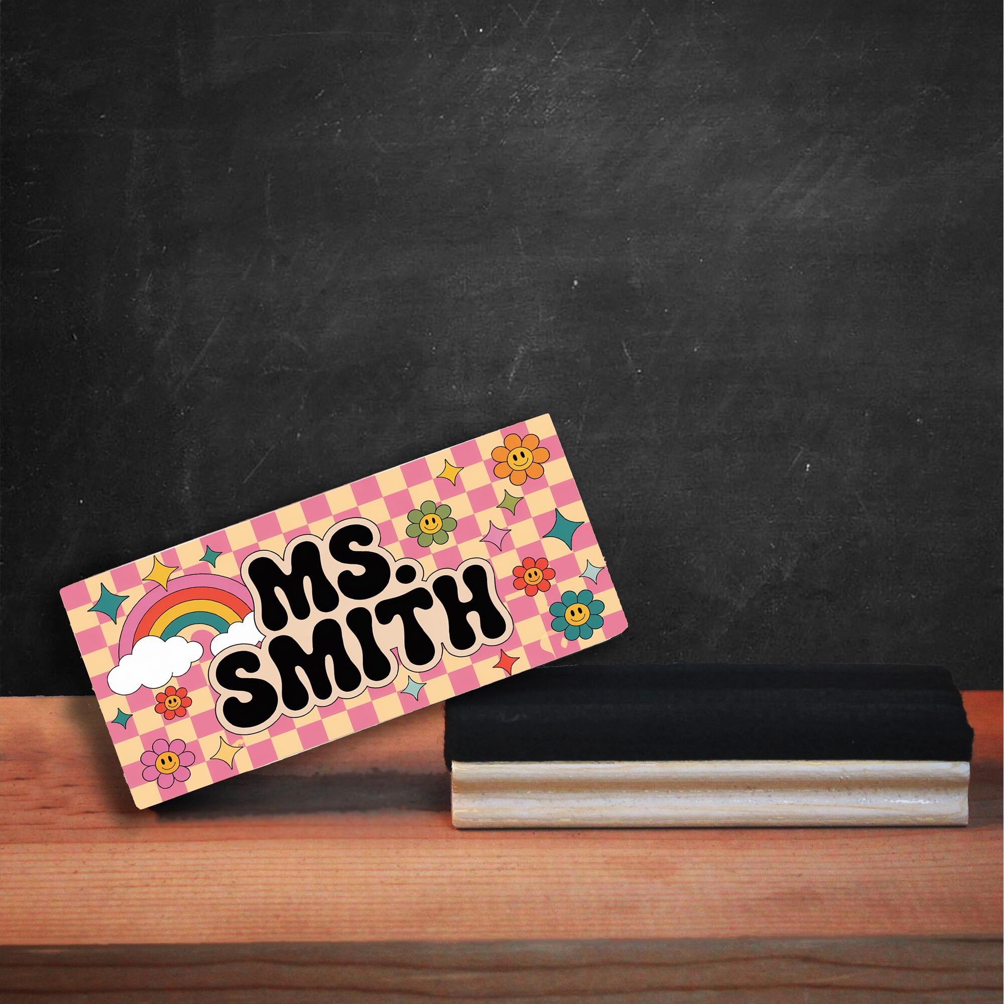 Retro Rainbow Teacher Chalkboard Eraser, Personalized Name with Groovy Flowers, Custom Back to School Gift for Fun Classrooms, Teacher Gifts