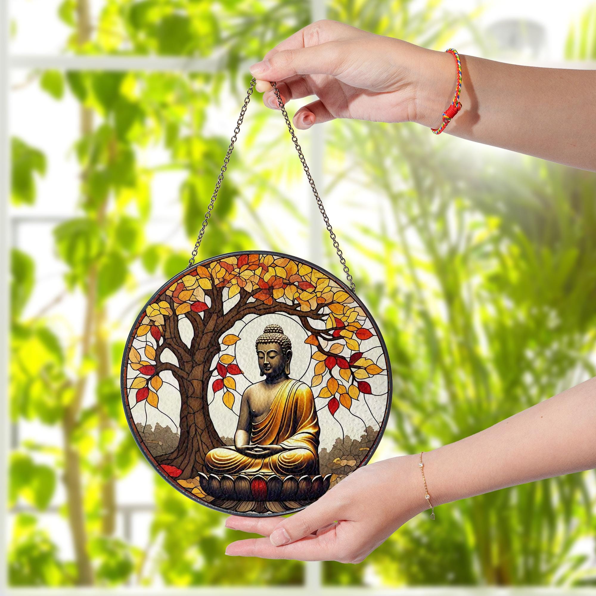 Buddha Glass Suncatcher for Autumn | Zen Meditation Window Decor | Fall Glass Suncatcher Lotus Gift | Tranquil Boho Spiritual Art