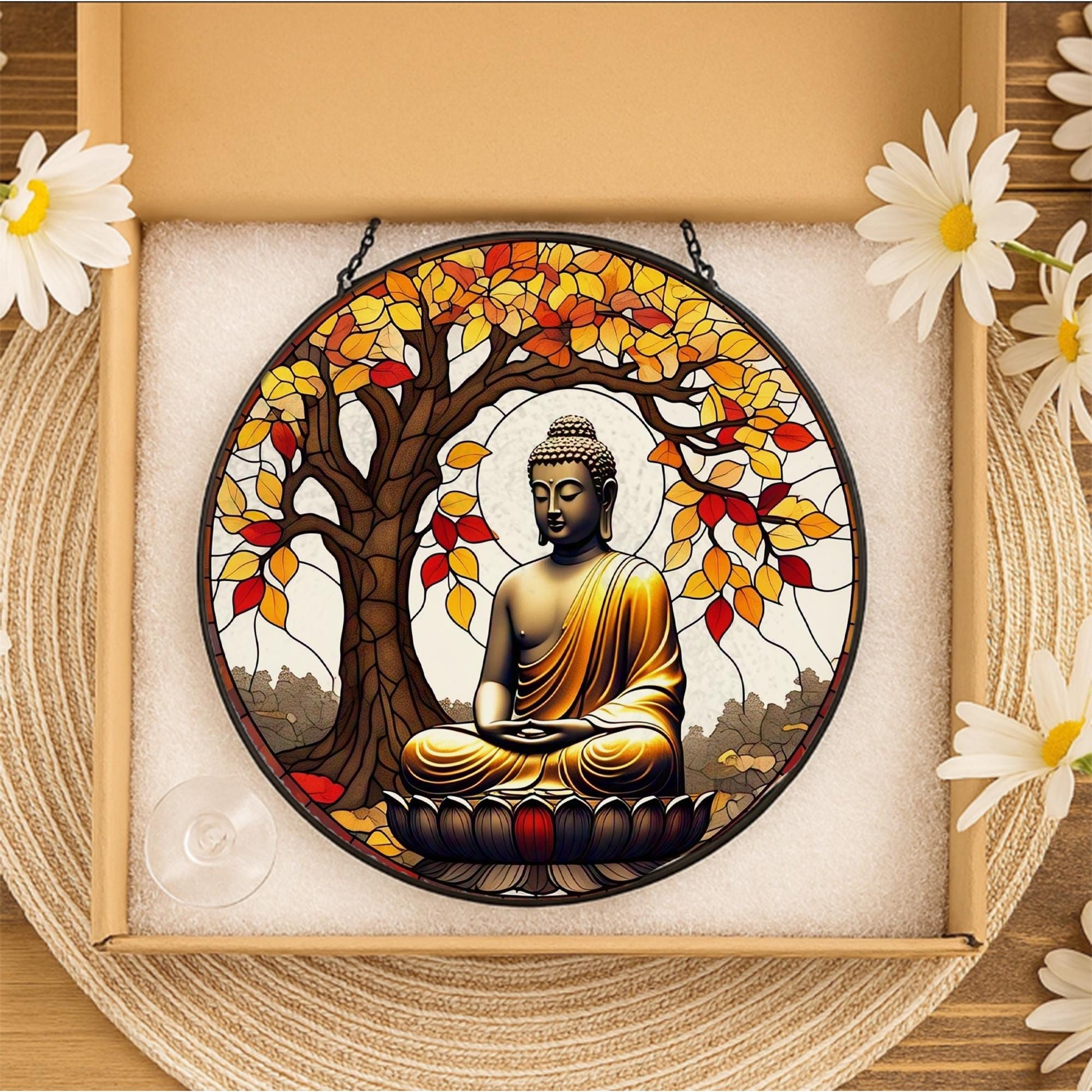 Buddha Glass Suncatcher for Autumn | Zen Meditation Window Decor | Fall Glass Suncatcher Lotus Gift | Tranquil Boho Spiritual Art