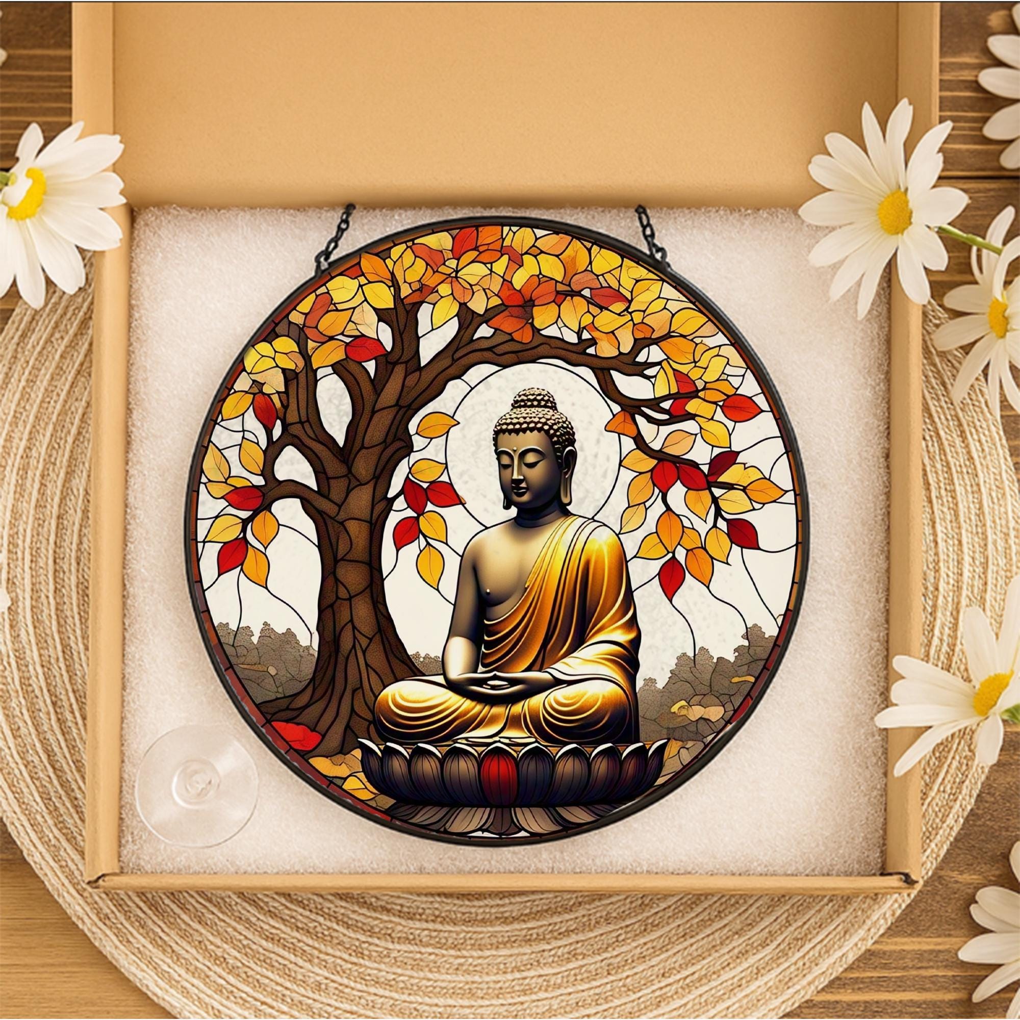 Buddha Glass Suncatcher for Autumn | Zen Meditation Window Decor | Fall Glass Suncatcher Lotus Gift | Tranquil Boho Spiritual Art