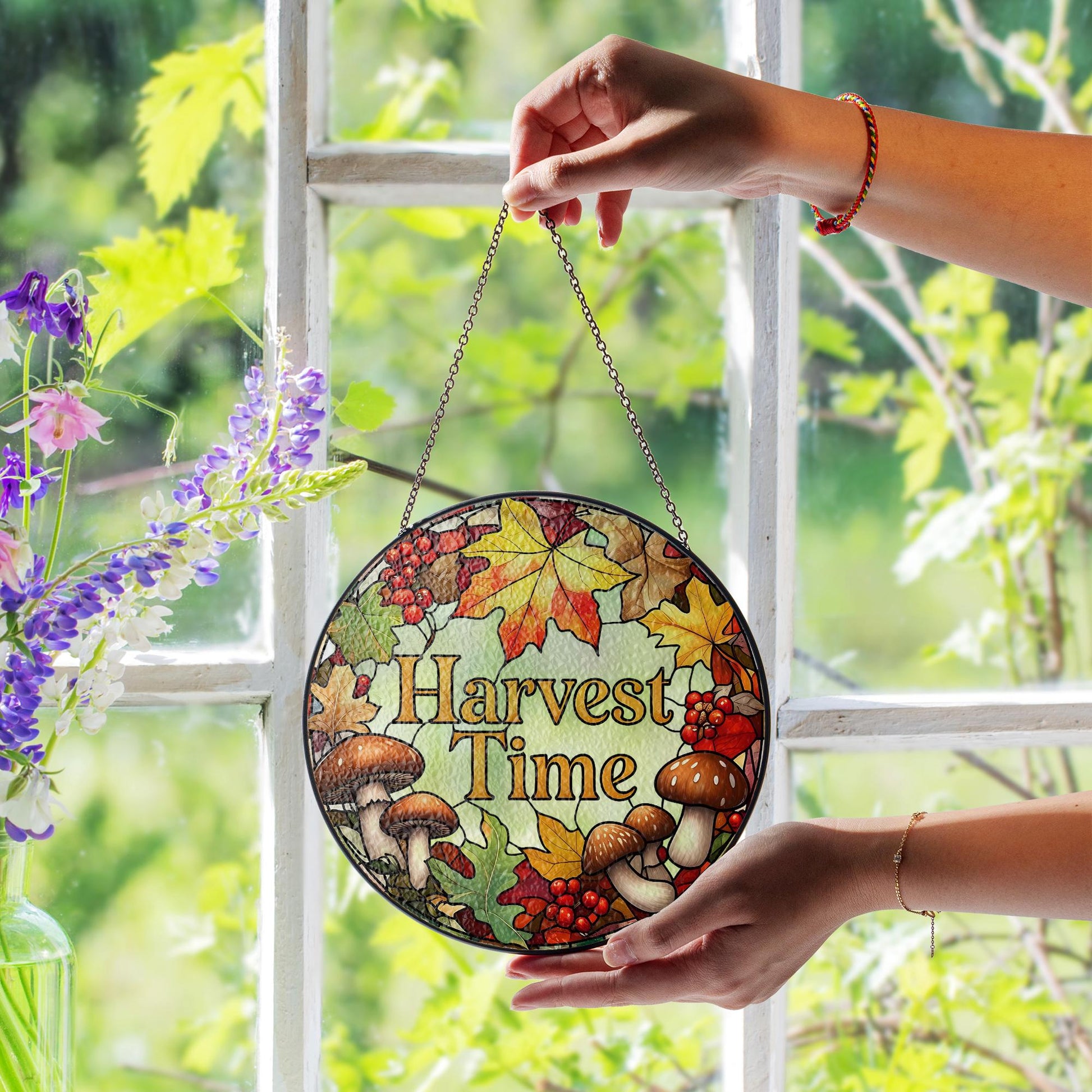 Harvest Time Glass Suncatcher | Autumn Window Hanging Decor | Fall Leaves & Mushroom Art Panel | Thanksgiving Seasonal Gift