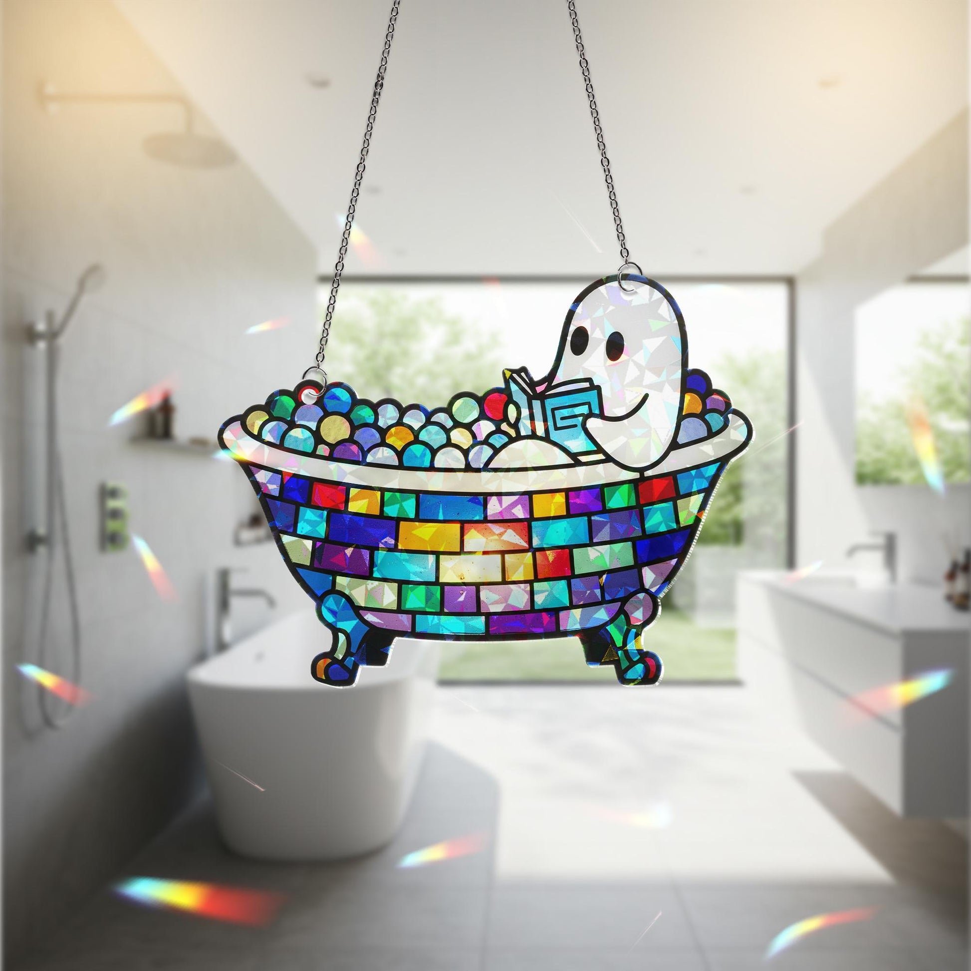 Ghost Reading in Bathtub Hologram Decor, Spooky Book Lover Gift, Halloween Ghost Shelf Art, Cute Ghost Bathroom Decoration