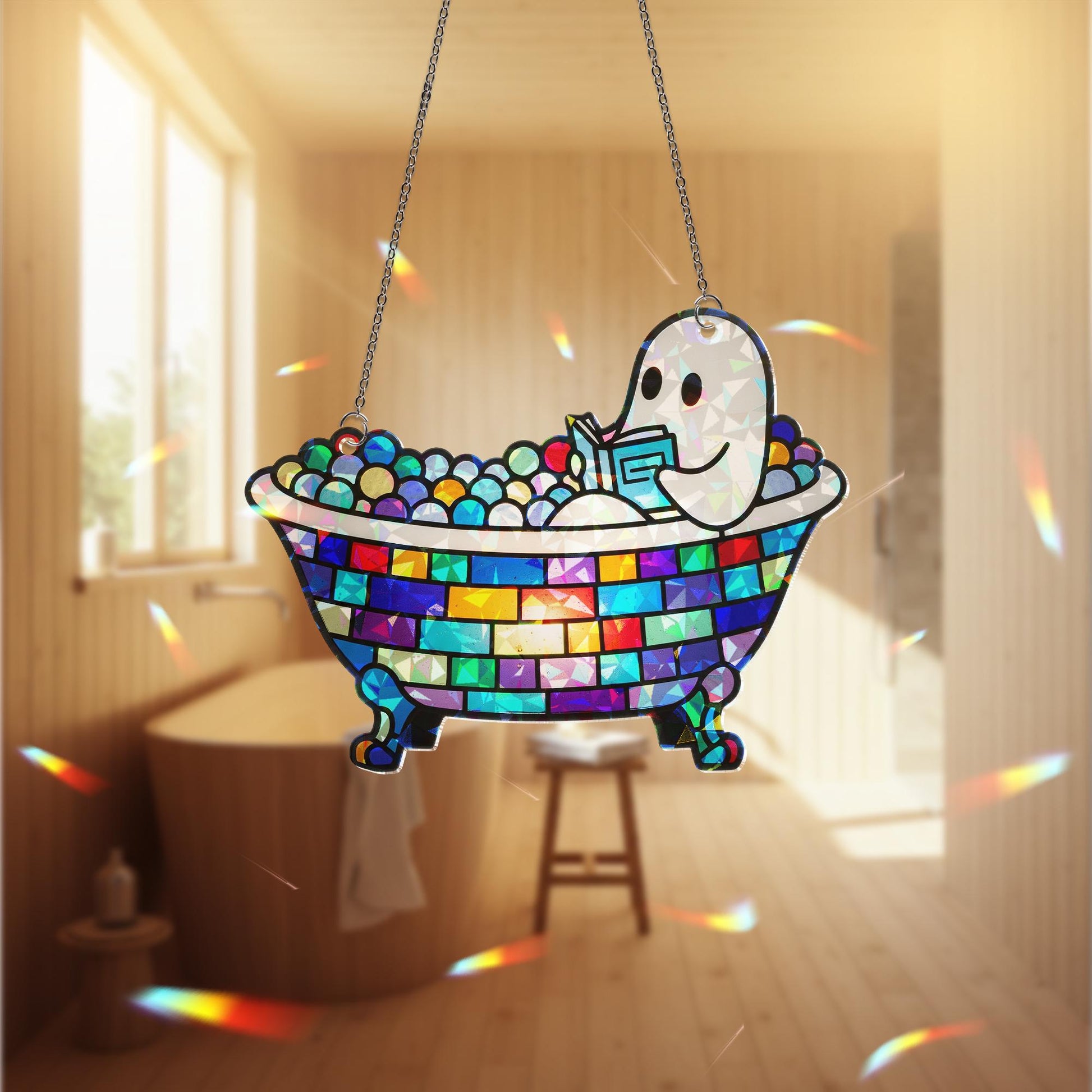 Ghost Reading in Bathtub Hologram Decor, Spooky Book Lover Gift, Halloween Ghost Shelf Art, Cute Ghost Bathroom Decoration
