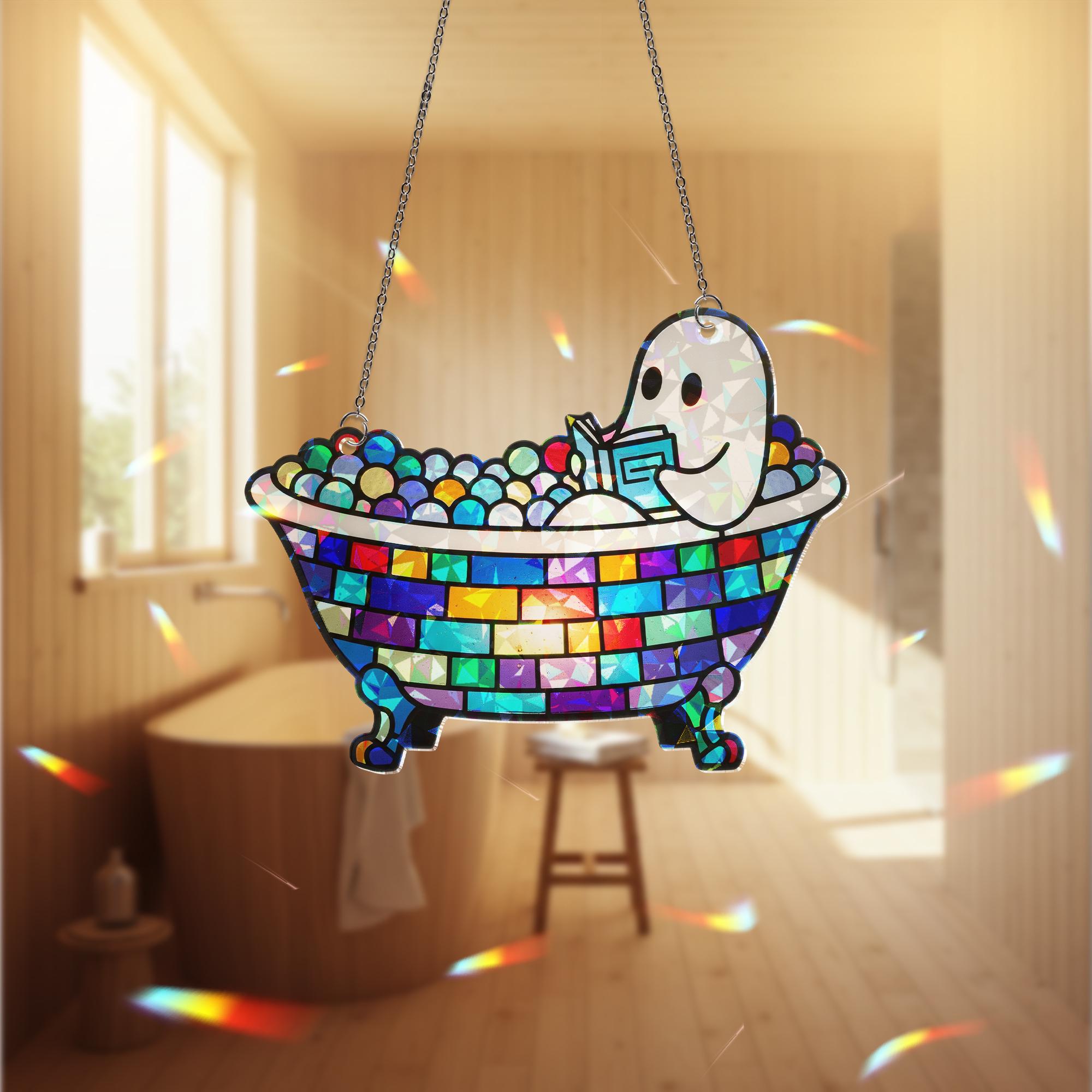 Ghost Reading in Bathtub Hologram Decor, Spooky Book Lover Gift, Halloween Ghost Shelf Art, Cute Ghost Bathroom Decoration