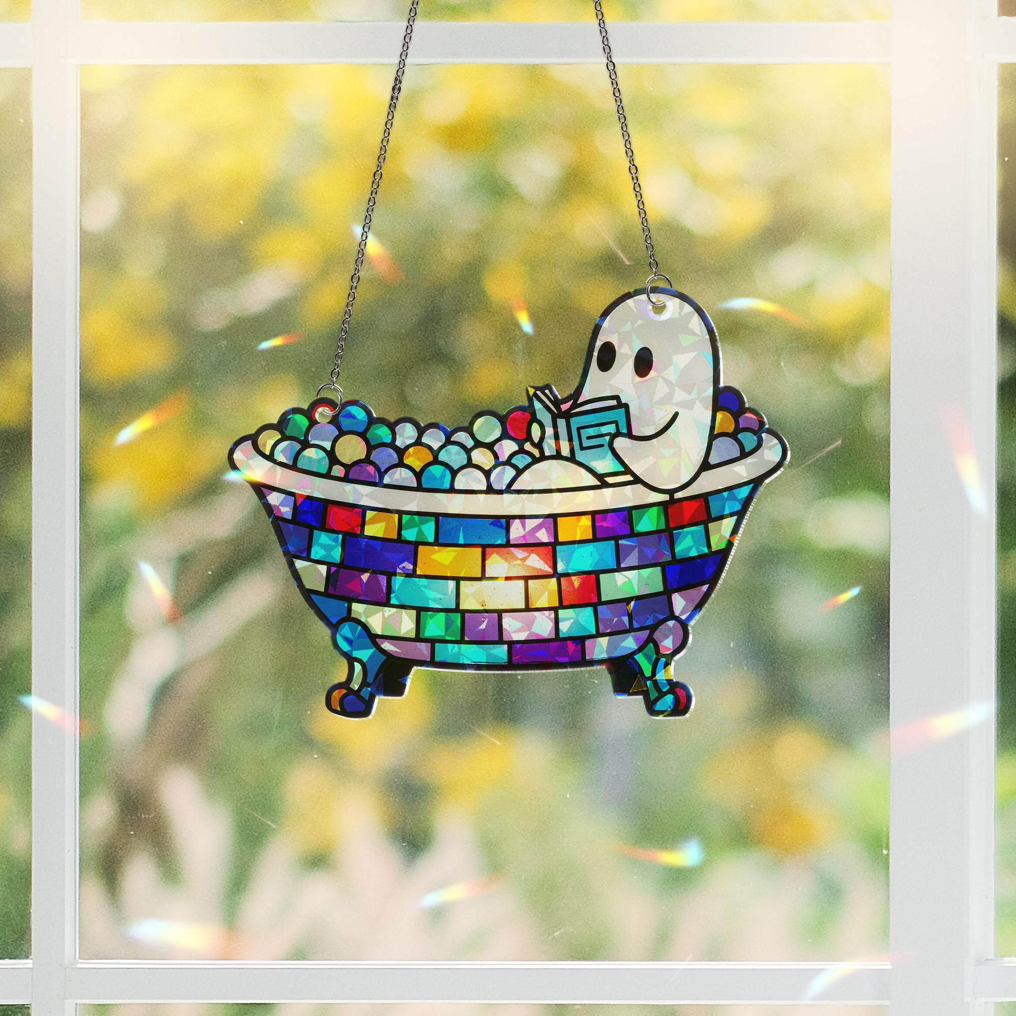 Ghost Reading in Bathtub Hologram Decor, Spooky Book Lover Gift, Halloween Ghost Shelf Art, Cute Ghost Bathroom Decoration