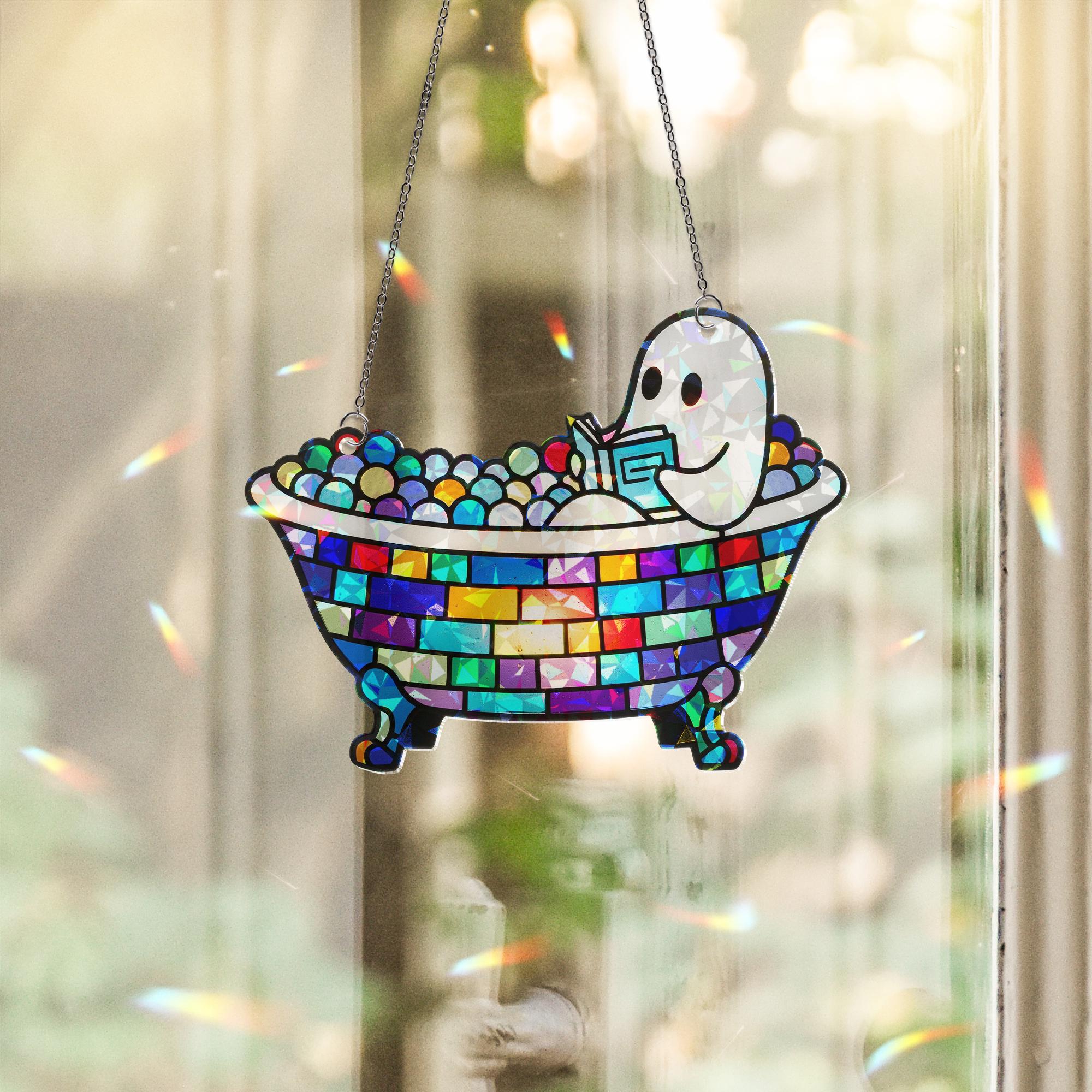 Ghost Reading in Bathtub Hologram Decor, Spooky Book Lover Gift, Halloween Ghost Shelf Art, Cute Ghost Bathroom Decoration