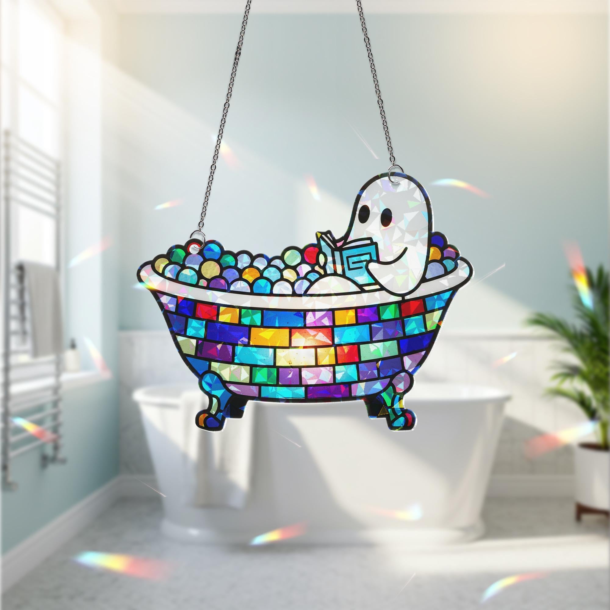 Ghost Reading in Bathtub Hologram Decor, Spooky Book Lover Gift, Halloween Ghost Shelf Art, Cute Ghost Bathroom Decoration