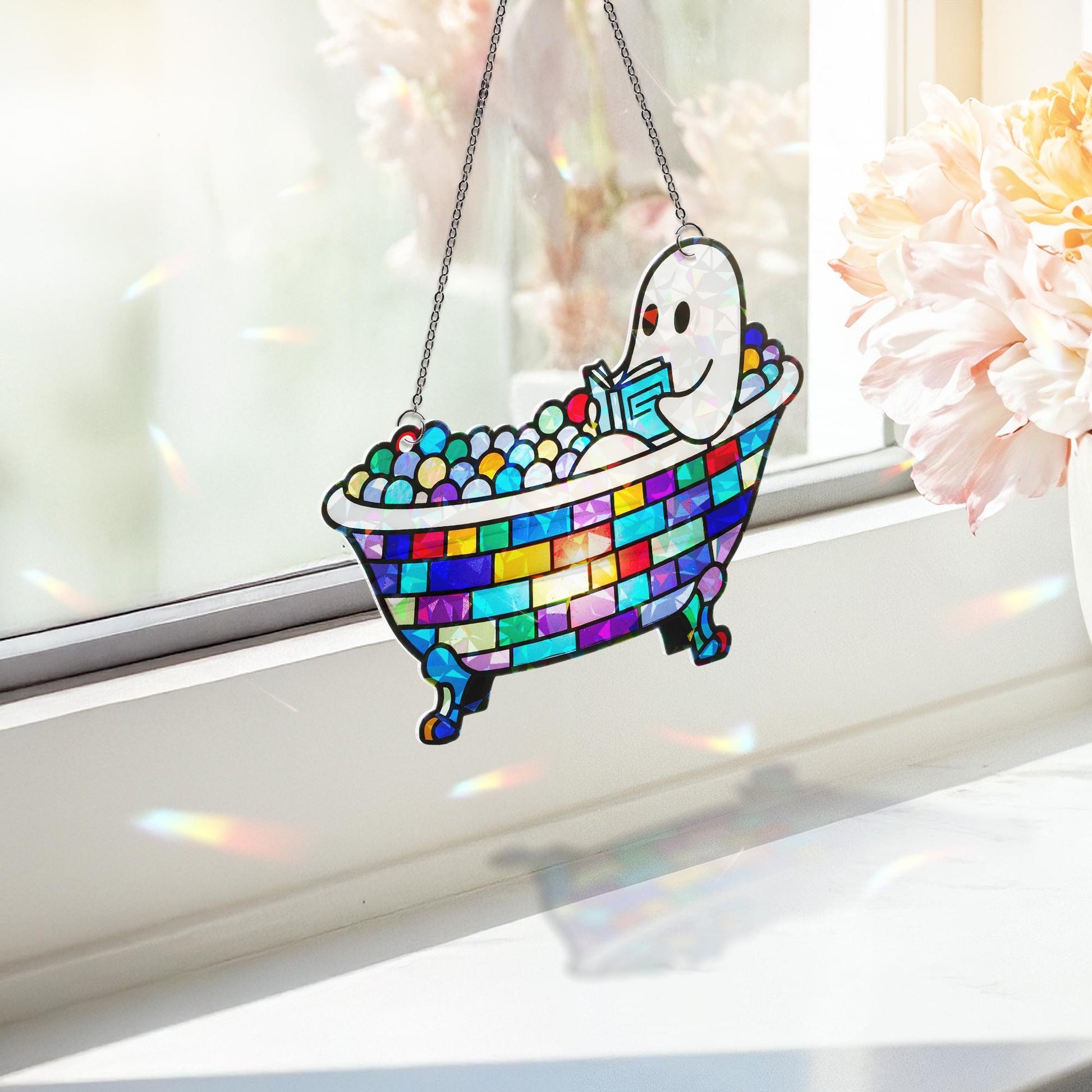 Ghost Reading in Bathtub Hologram Decor, Spooky Book Lover Gift, Halloween Ghost Shelf Art, Cute Ghost Bathroom Decoration