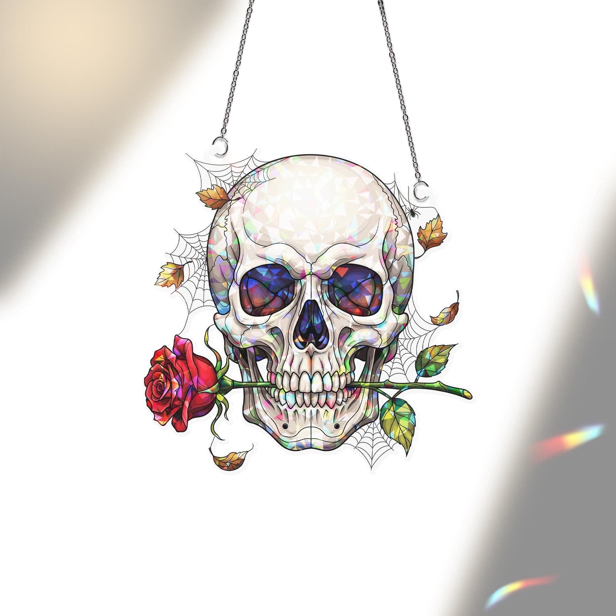 Gothic Skull Suncatcher with Rose | Stained Glass Skull Window Hanging | Halloween Gothic Decor | Creepy Cute Window Art