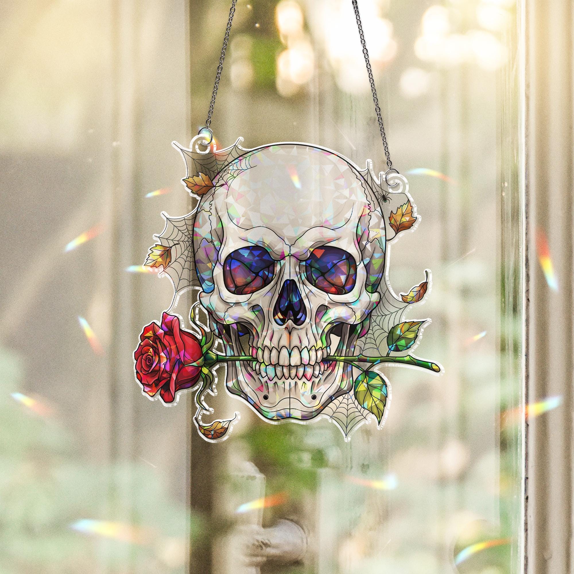 Gothic Skull Suncatcher with Rose | Stained Glass Skull Window Hanging | Halloween Gothic Decor | Creepy Cute Window Art