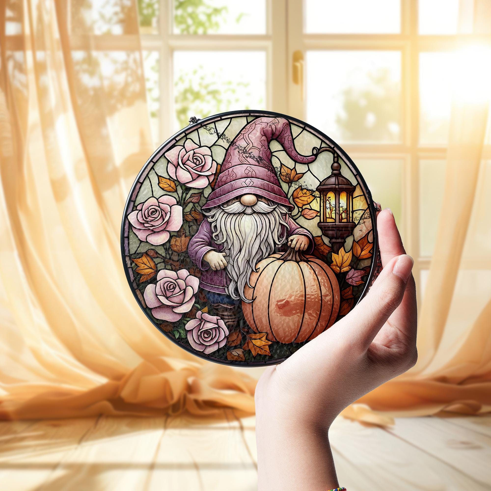 Gnome Glass Suncatcher – Fall Pumpkin & Rose Window Hanging with Lantern, Whimsical Autumn Garden Decor