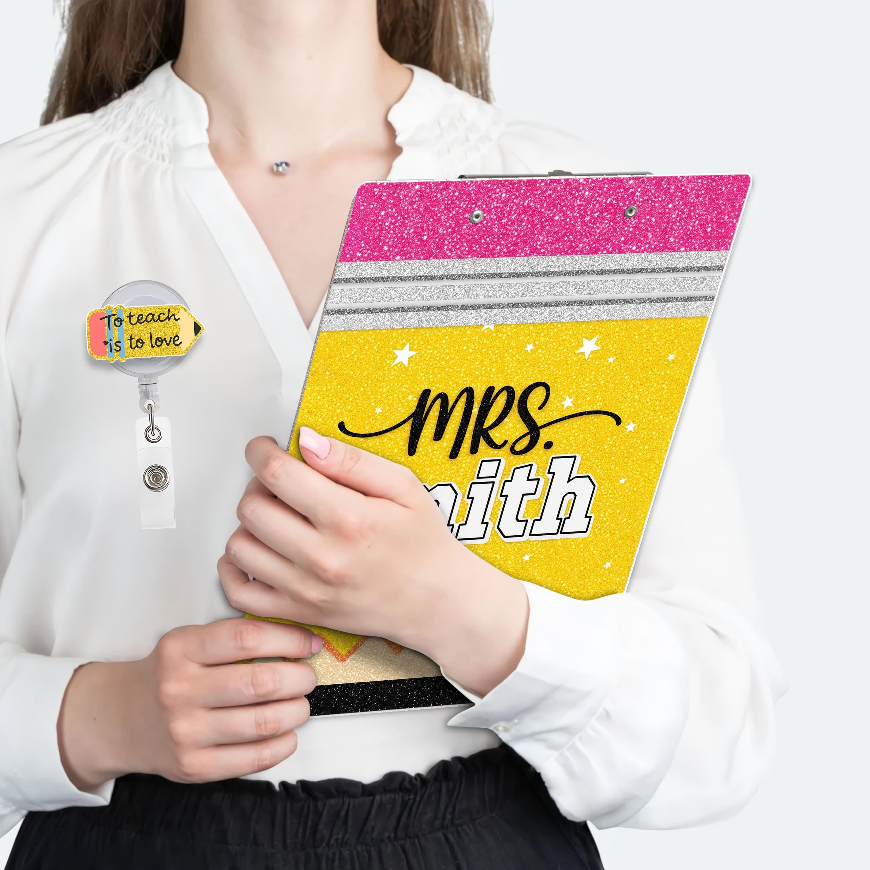 COMBO Teacher Clipboard and Badge Reel Set, Faux Glitter Clipboard, Groovy Pencil Badge, Personalized Teacher Gift, Back to School