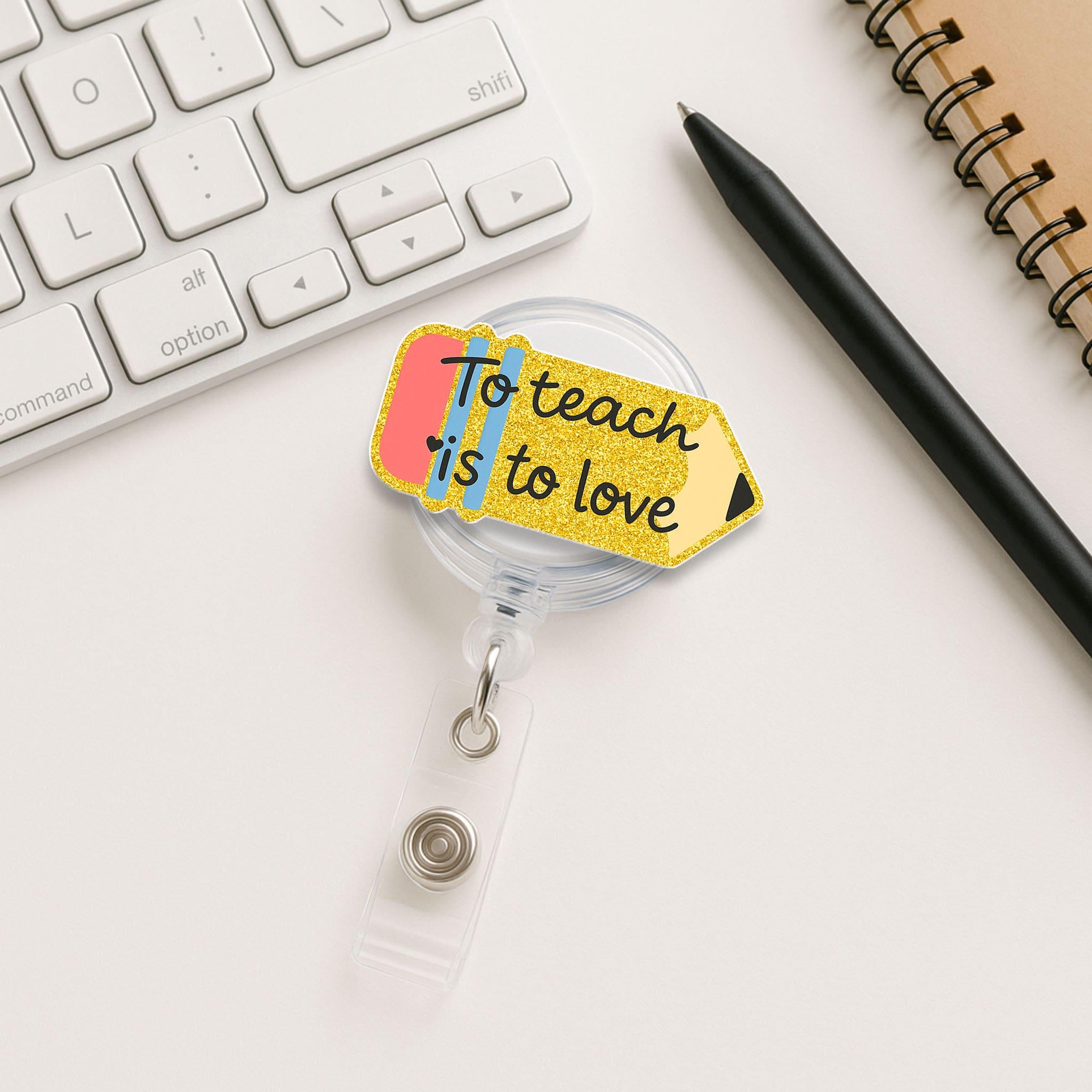 COMBO Teacher Clipboard and Badge Reel Set, Faux Glitter Clipboard, Groovy Pencil Badge, Personalized Teacher Gift, Back to School