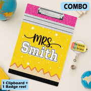 COMBO Teacher Clipboard and Badge Reel Set, Faux Glitter Clipboard, Groovy Pencil Badge, Personalized Teacher Gift, Back to School