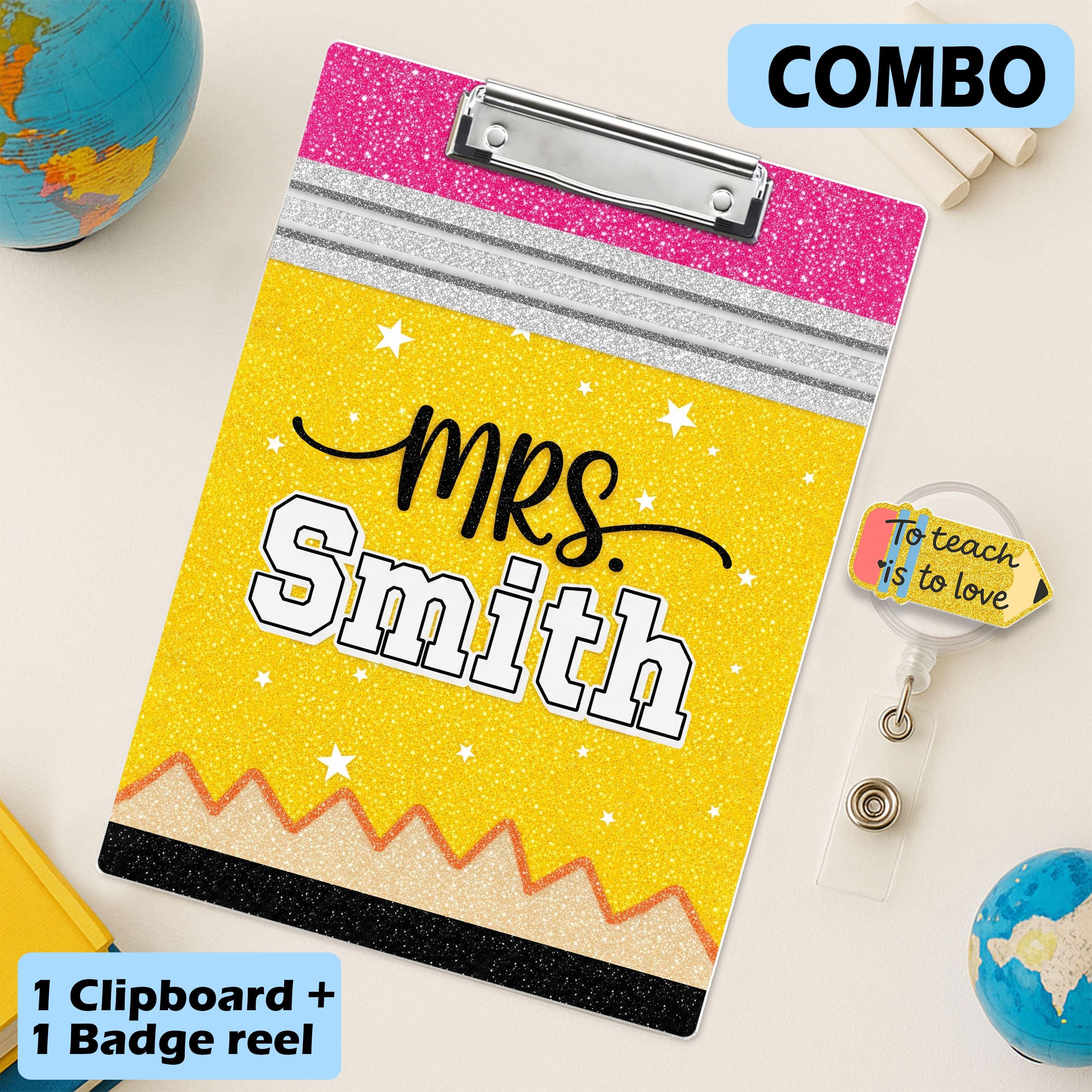 COMBO Teacher Clipboard and Badge Reel Set, Faux Glitter Clipboard, Groovy Pencil Badge, Personalized Teacher Gift, Back to School