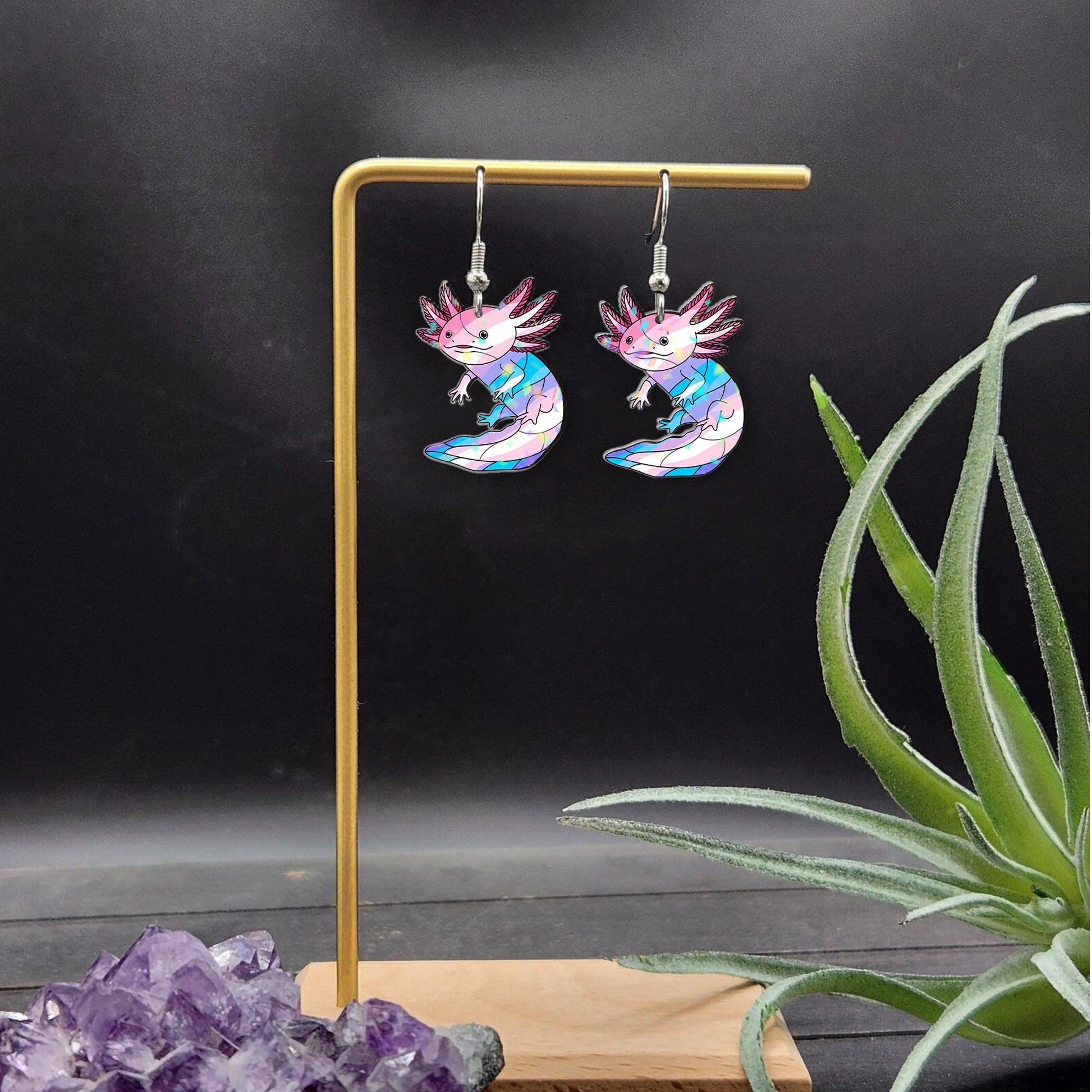 Transgender Axolotl Earrings, Pride Dangle Jewelry, Cute LGBTQ+ Accessory, Pastel Lizard Earrings, Trans Flag Gift for Them