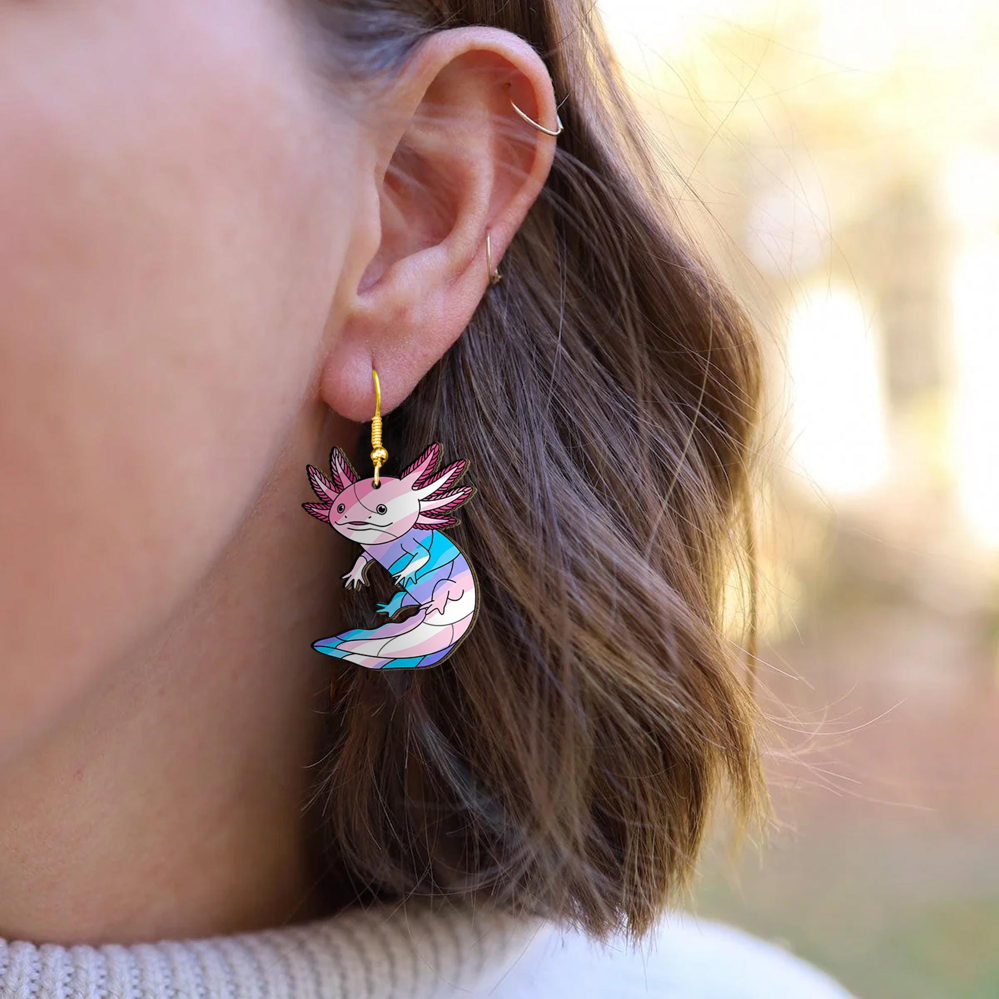 Transgender Axolotl Earrings, Pride Dangle Jewelry, Cute LGBTQ+ Accessory, Pastel Lizard Earrings, Trans Flag Gift for Them